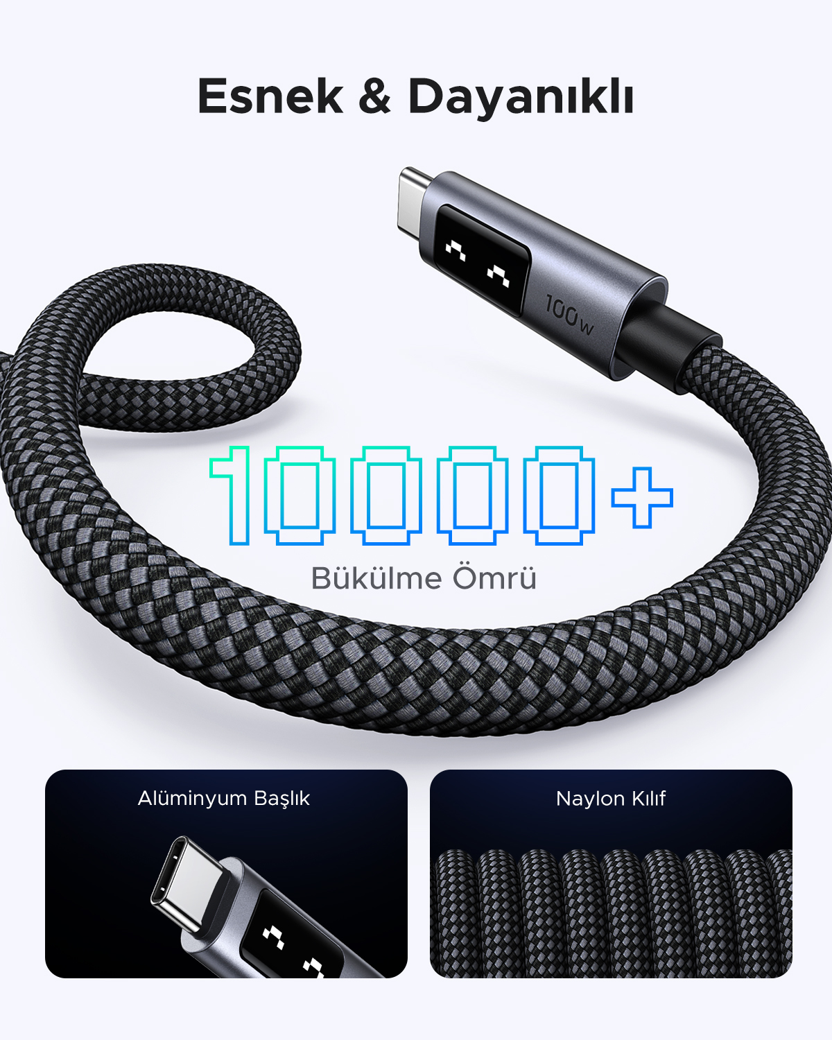Alüminyum başlıklı örgülü bir USB-C kablosu. 10000+ bükülme ömrü ve naylon kılıf içerir. Kablo gri ve siyahtır.