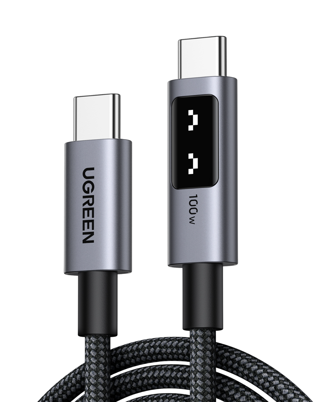 Siyah zemin üzerinde iki UGREEN USB-C kablosu. Bir kablo 100W güç gösterirken, diğeri UGREEN logosunu taşıyor.