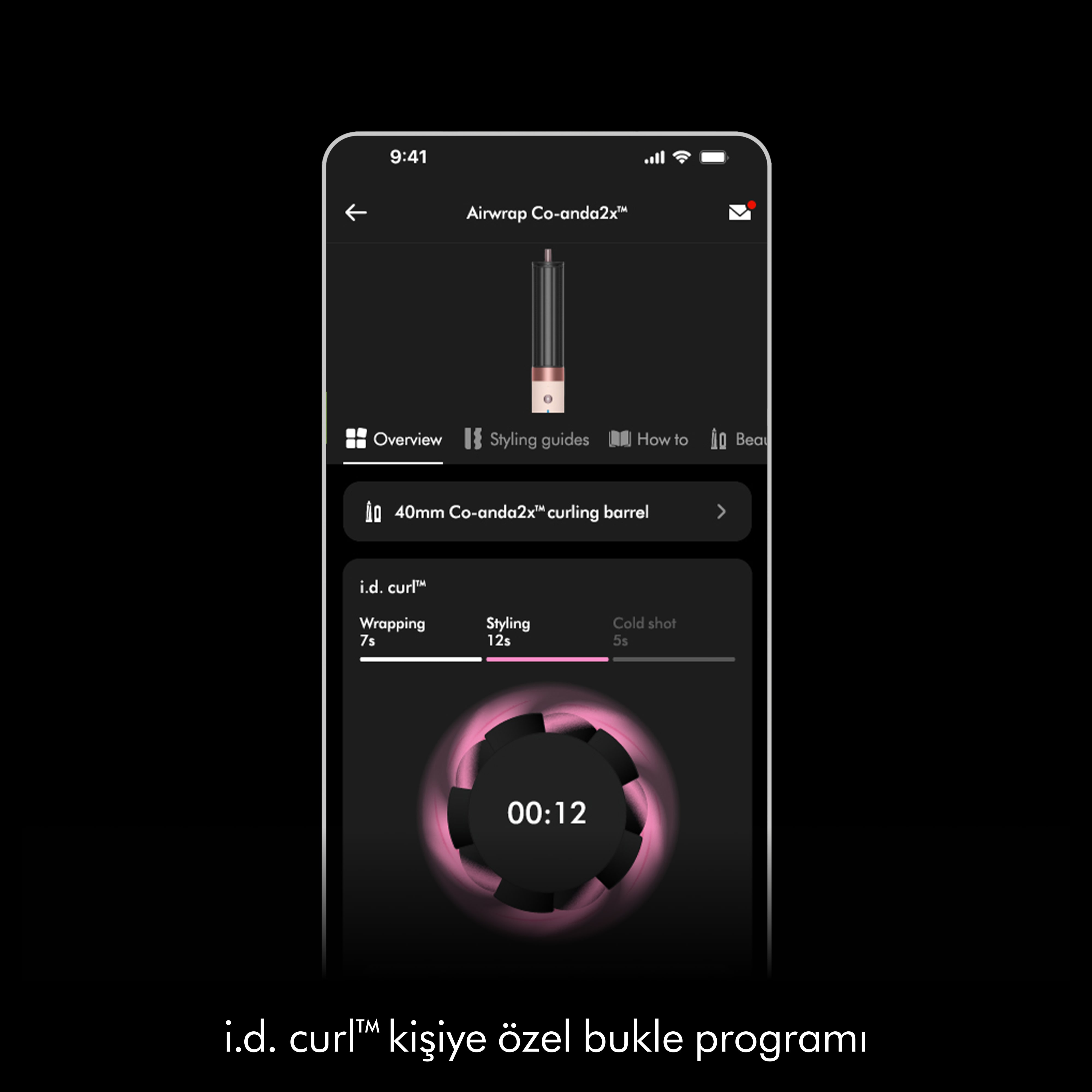 Telefon ekranı, maşa uygulaması gösteriyor. Zamanlayıcı 12 saniye gösteriyor. Metin: 'i.d. curl' ve 'Airwrap Co-anda2x'.