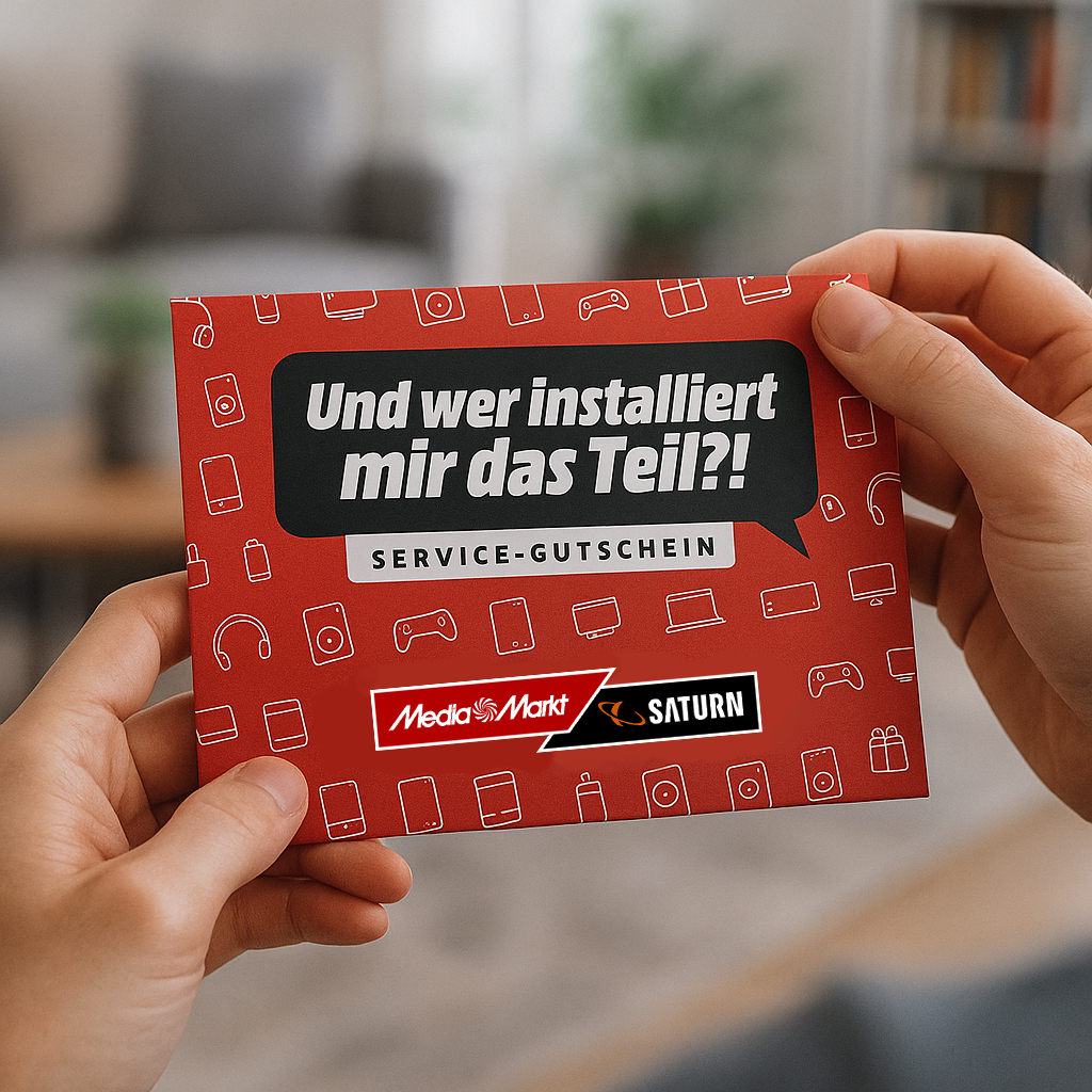 Hände halten eine rote Media Markt/Saturn Geschenkkarte. Der Text lautet 'Und wer installiert mir das Teil?!' und 'Service-Gutschein'.