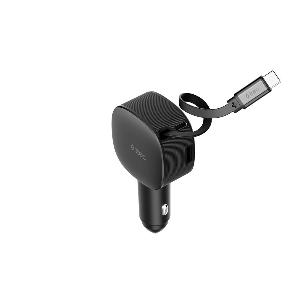 USB portlu ve USB-C kablolu siyah araç şarj cihazı. Şarj cihazı yuvarlak tasarımlı, kablo kıvrımlı.