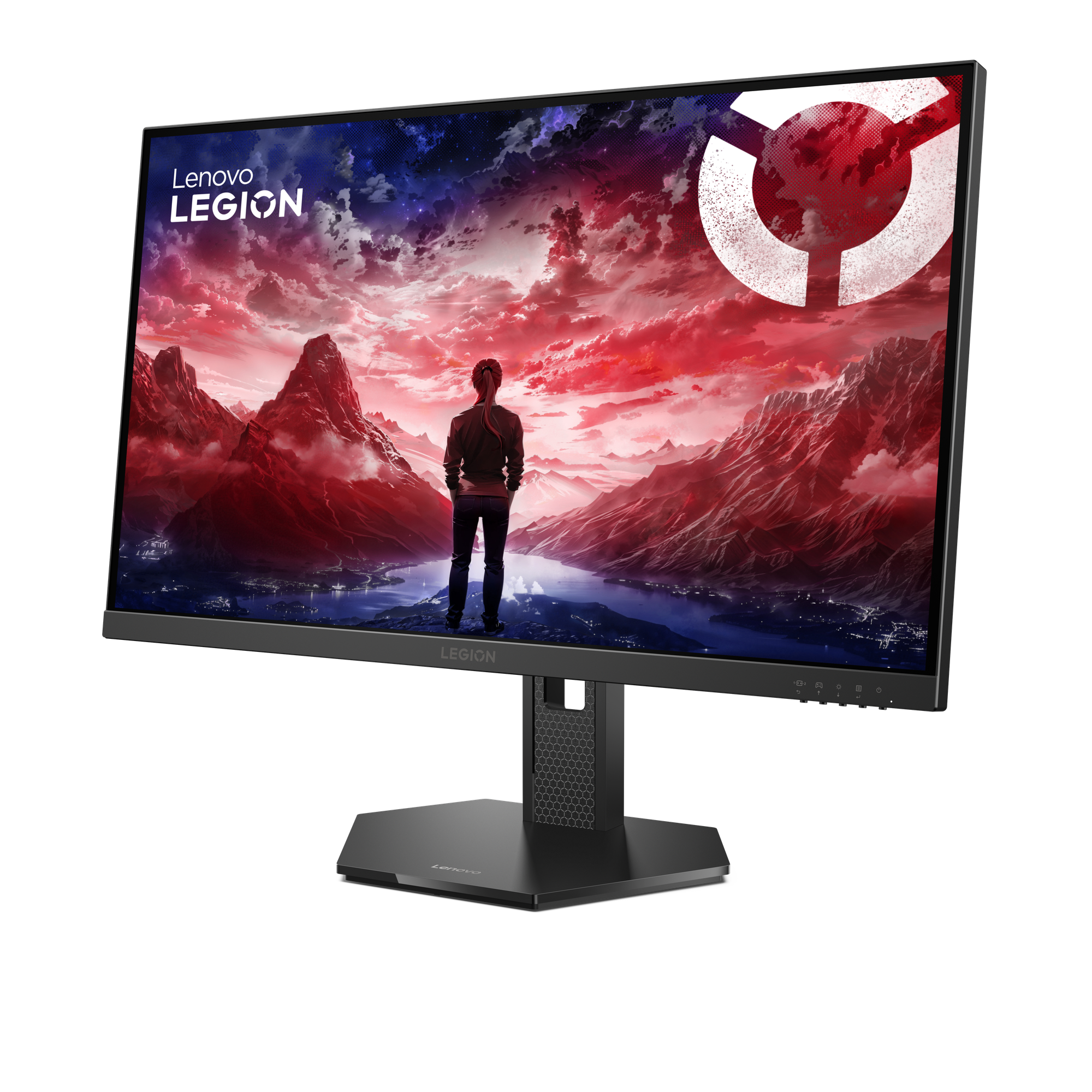 Lenovo Legion monitörü, kırmızı bir gökyüzü ve dağlara bakan bir kişiyi gösteriyor. Monitör siyah bir stand üzerinde.