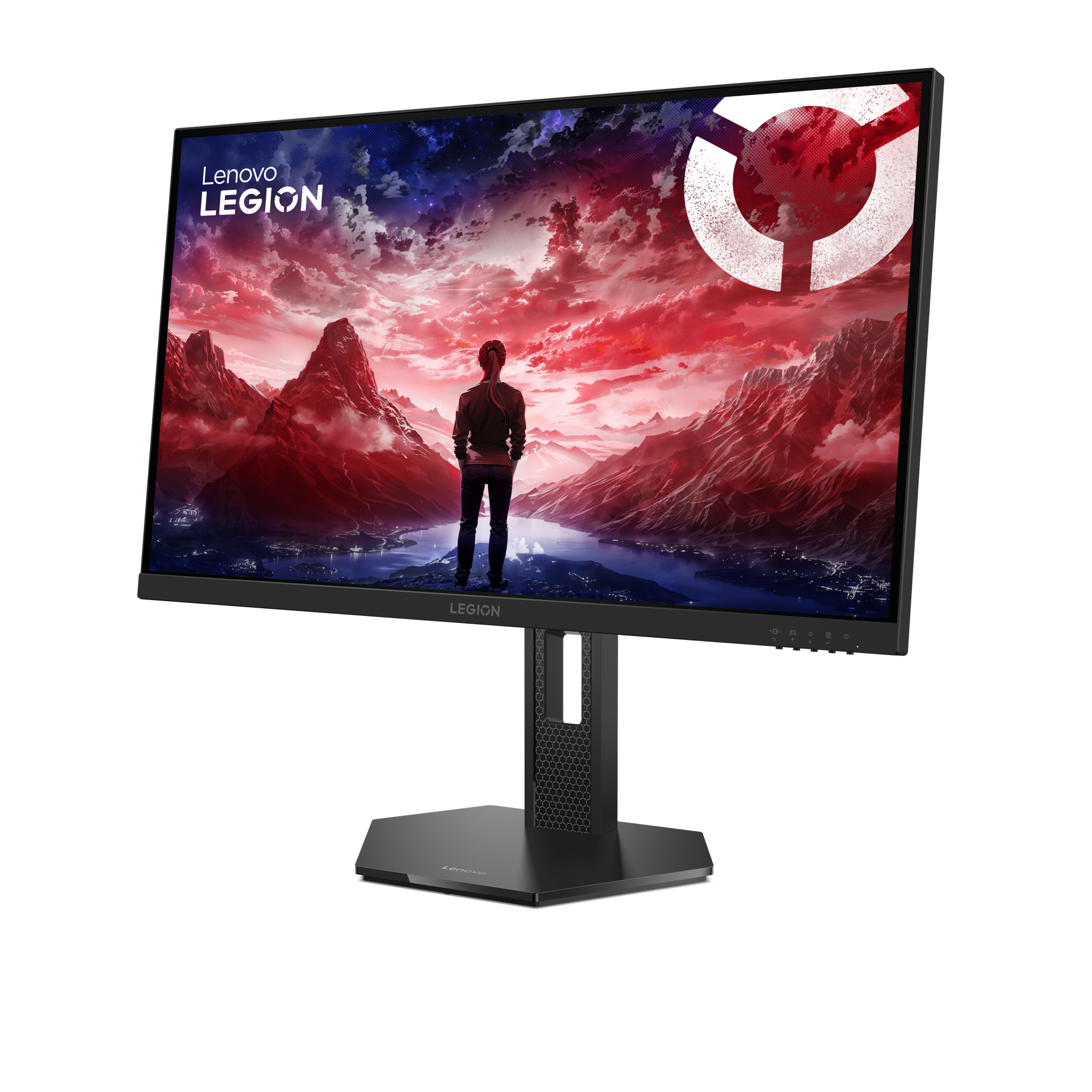 Lenovo Legion monitörü, kırmızı bir manzaranın önünde bir kişiyi gösteriyor. Monitör siyah bir stand üzerinde.