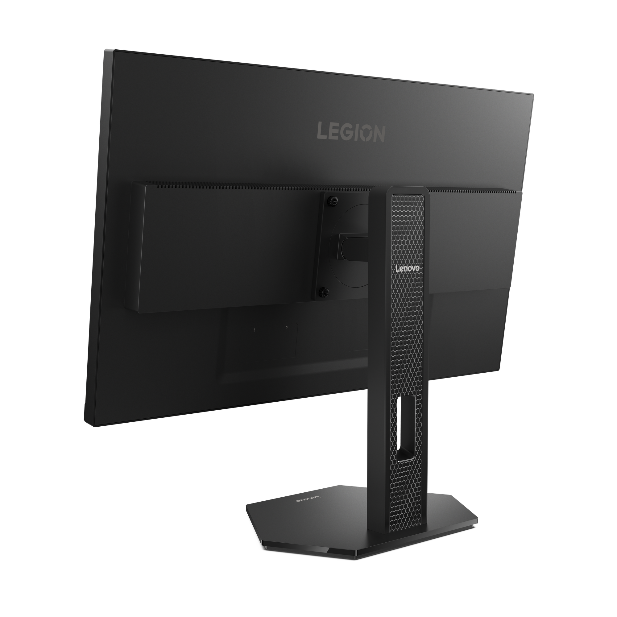 Siyah Lenovo Legion monitör. Arka görünüm, standı ve Legion markasını gösteriyor. Stand üzerinde altıgen desen.