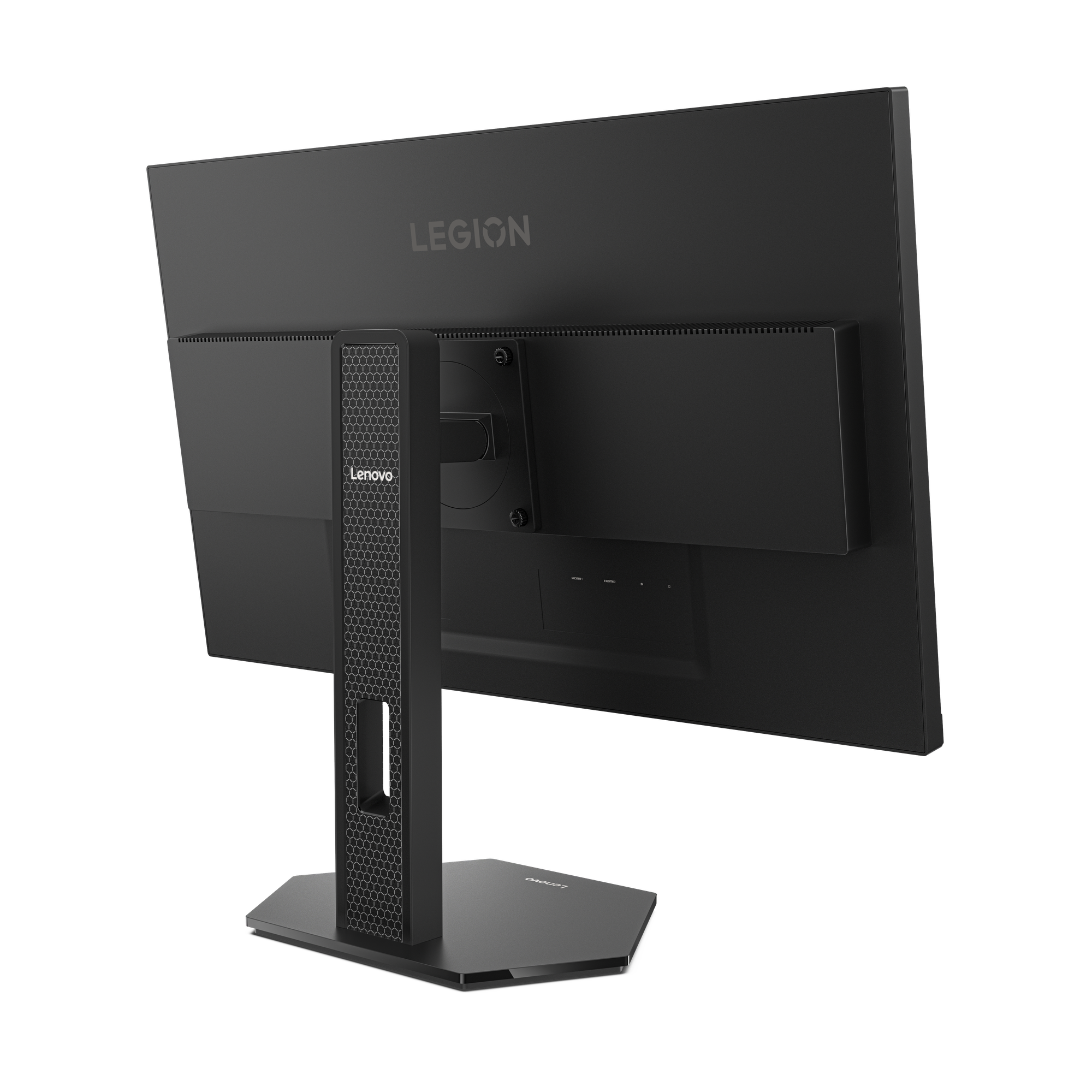 Siyah bir Lenovo Legion monitörünün arkası. Stand ve arka panel görünür.