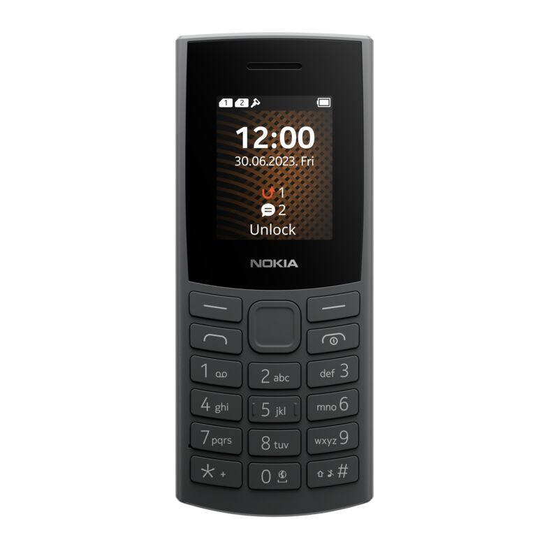 Gri bir Nokia telefon, 12:00 zamanını, tarihi ve kilidi açma seçeneklerini gösteriyor. Sayılar ve harflerle bir tuş takımı var.