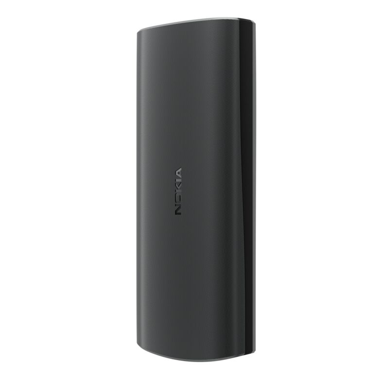 Beyaz zemin üzerinde koyu gri bir Nokia powerbank. Nokia logosu görünür. Cihazın yuvarlak kenarları ve dokulu bir yüzeyi vardır.