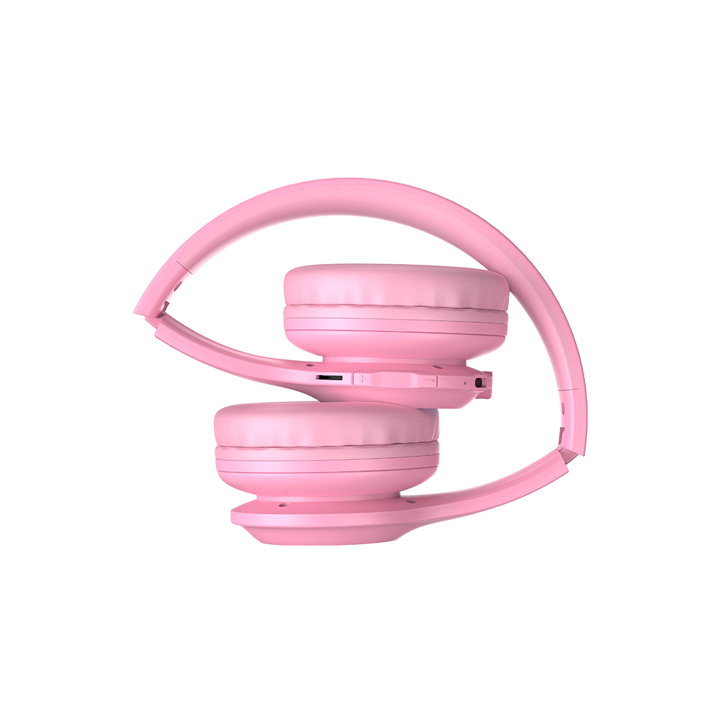 Pembe katlanmış kulaklıklar. Kulaklıklar yastıklıdır. Kafa bandı kavislidir. Arka plan beyazdır.