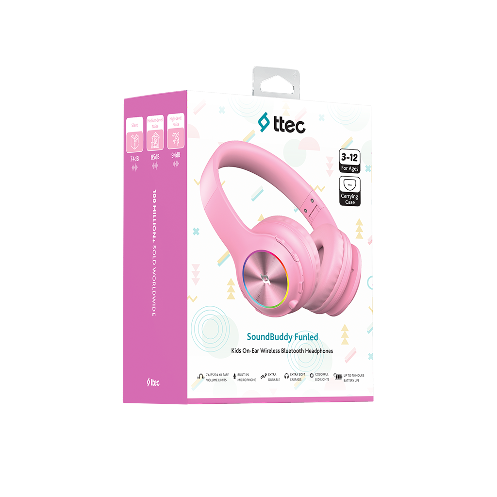Pembe kulaklıklar bir kutuda. Metin 'SoundBuddy Funled', 'Kids On-Ear Wireless Bluetooth Headphones' ve 3-12 yaş aralığını gösterir.