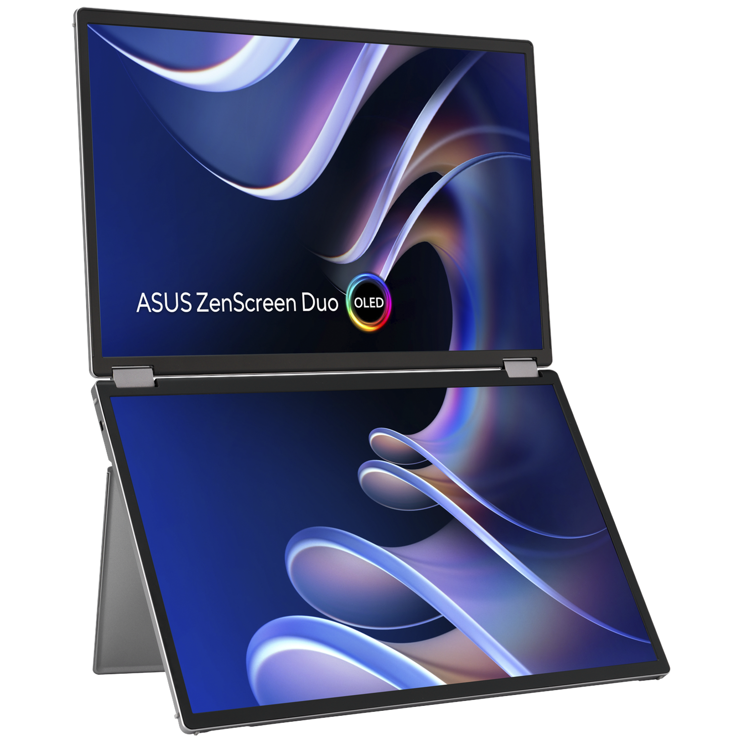 Een ASUS ZenScreen Duo laptop met twee schermen wordt getoond. De schermen tonen abstracte blauwe en witte ontwerpen. De laptop is open.