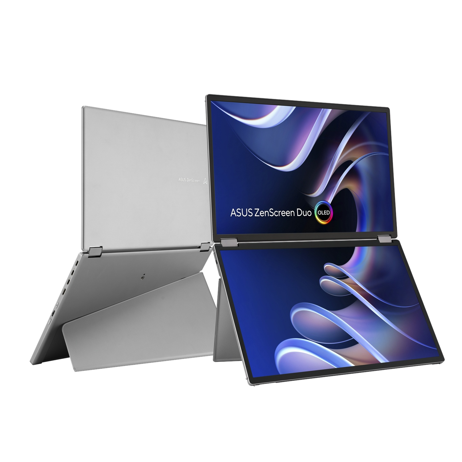 Twee zilveren Asus ZenScreen Duo laptops. Eén is dicht, de andere open, met een blauw en paars scherm.