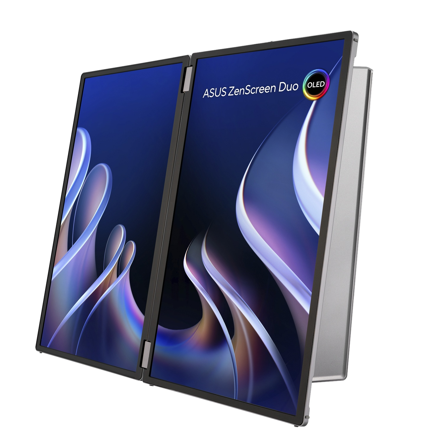Een ASUS ZenScreen Duo OLED met dubbel scherm. Blauwe schermen met abstracte witte vormen. Zilveren frame en achterkant, witte achtergrond.