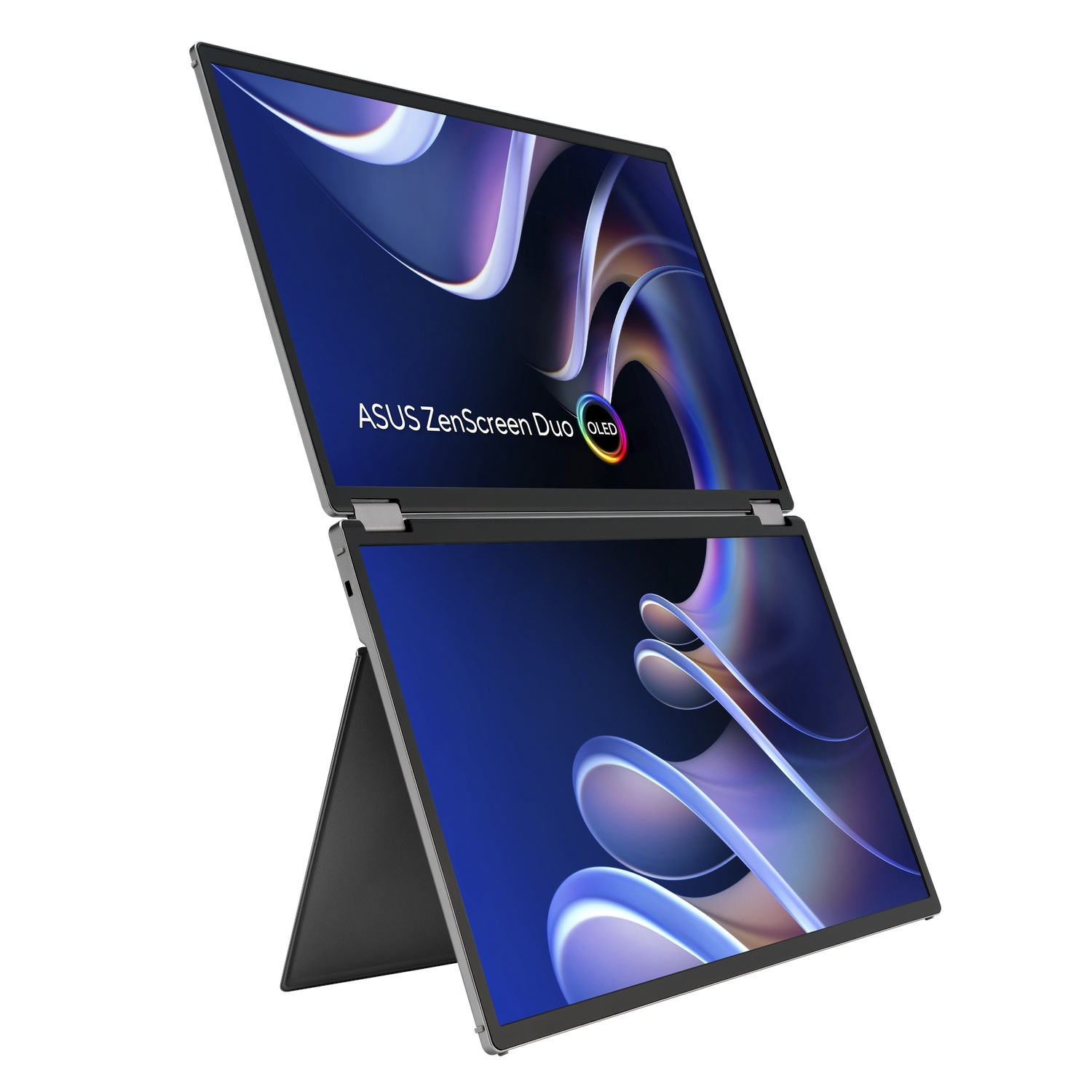 Een ASUS ZenScreen Duo OLED laptop is open. De schermen tonen abstracte blauwe en paarse vormen. De laptop staat op een witte achtergrond.