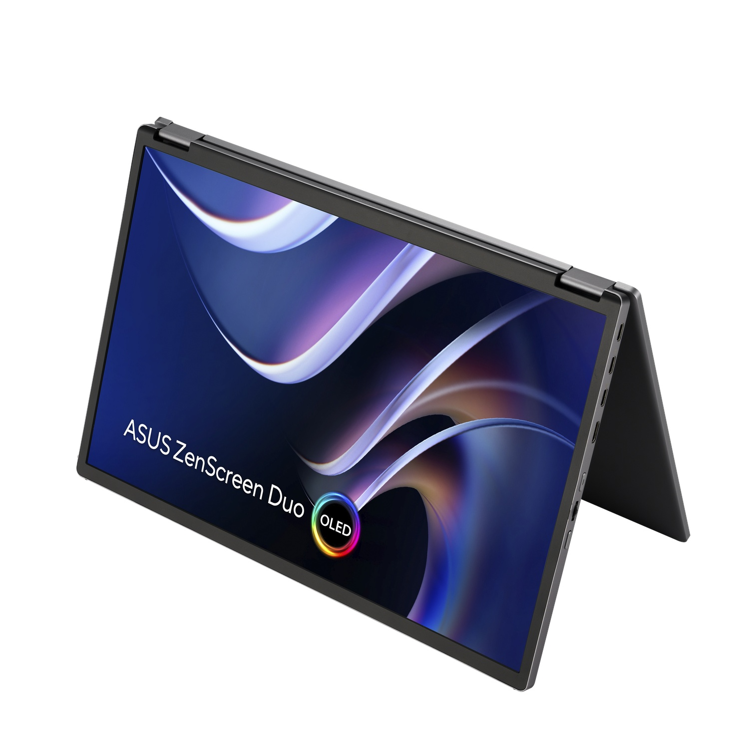 Een ASUS ZenScreen Duo laptop wordt open getoond. Het scherm toont een blauw en wit abstract ontwerp. Het OLED-logo is zichtbaar.