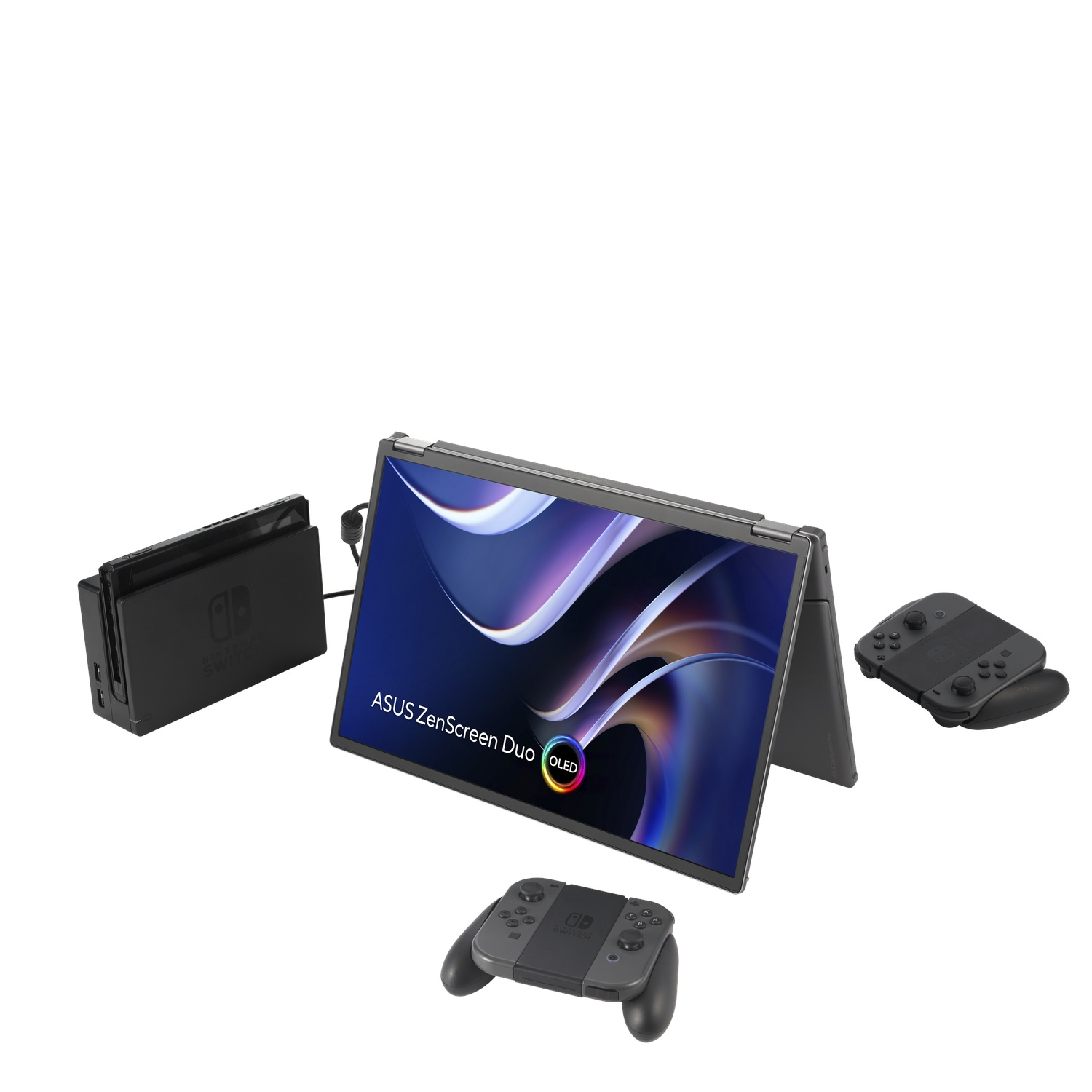 Een ASUS ZenScreen Duo OLED met Nintendo Switch dock, controllers en twee Joy-Cons op een witte achtergrond.