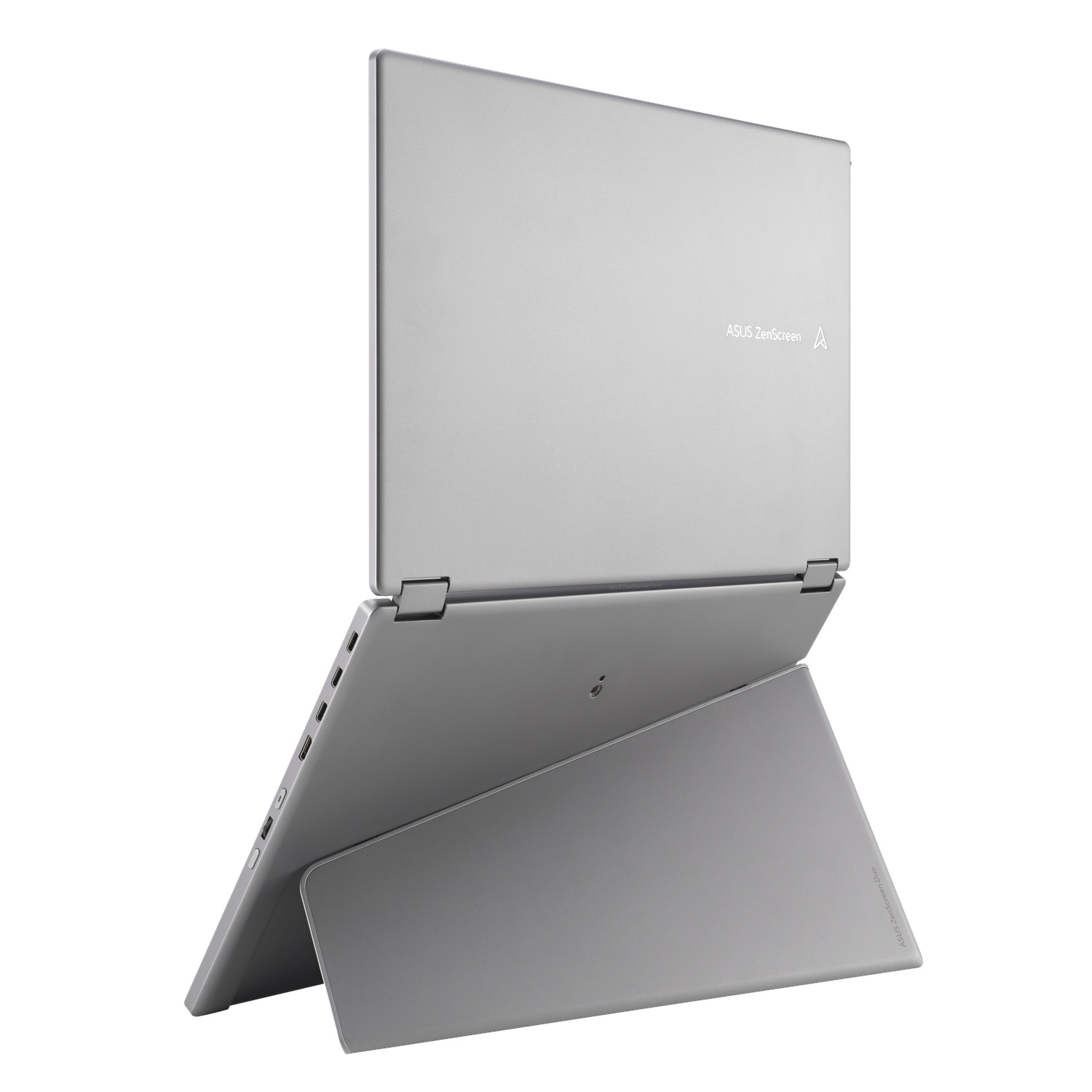 Zilveren ASUS ZenScreen Duo laptop open. Scherm is schuin, ondersteund door het toetsenbord. Witte achtergrond.