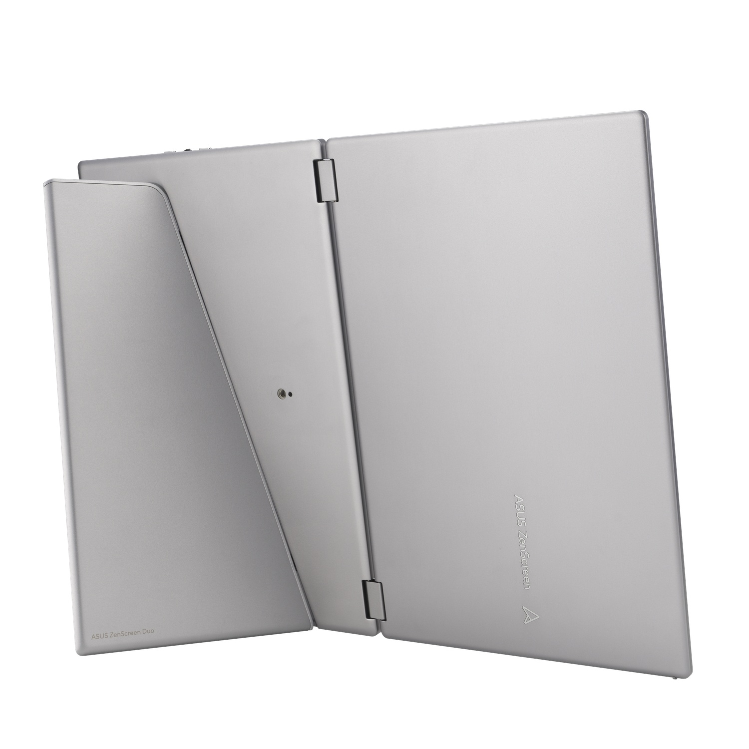 Een zilveren ASUS ZenScreen Duo laptop is opengeklapt. Het scherm staat omhoog en toont de achterkant van het apparaat.
