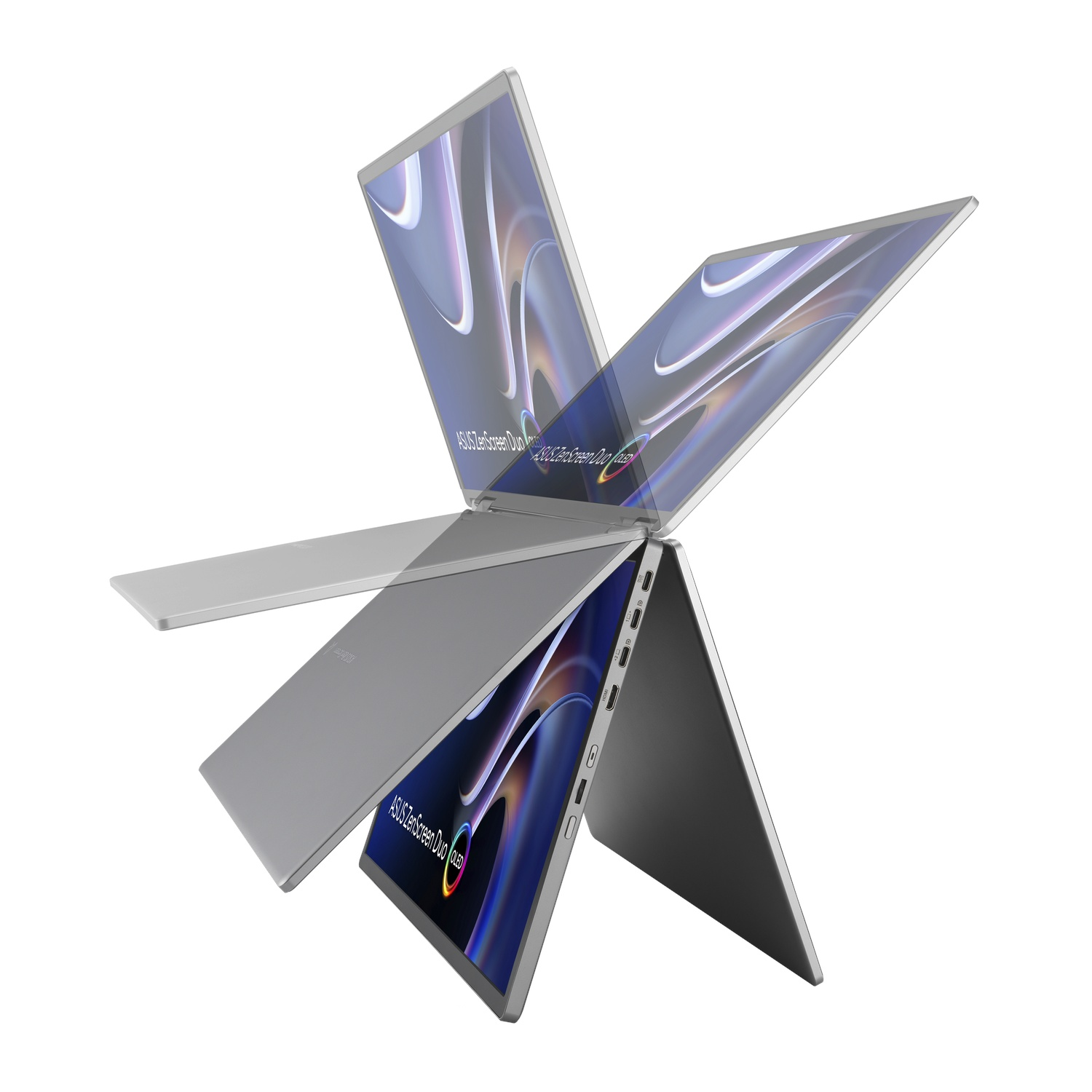 Een grijze ASUS ZenScreen Duo laptop wordt vanuit meerdere hoeken getoond. De schermen tonen een kleurrijk beeld. Geïsoleerd tegen een witte achtergrond.
