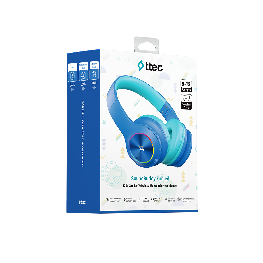 Mavi kulaklıklı kutu. Metin şunları söylüyor: 'SoundBuddy Funled', 'Çocuklar İçin Kulak Üstü Kablosuz Bluetooth Kulaklık' ve '3-12 Yaş İçin'.