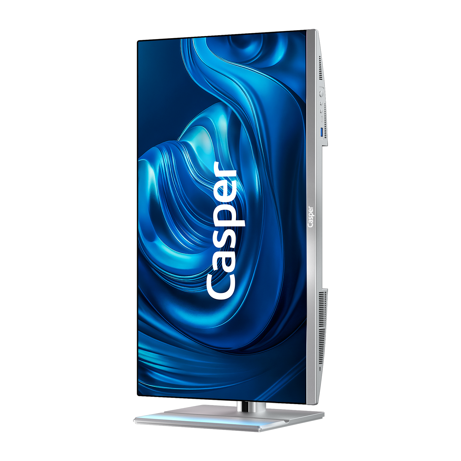 Mavi soyut şekiller gösteren gümüş bir Casper monitör. Ekranın siyah bir çerçevesi var. "Casper" kelimesi ekranda.