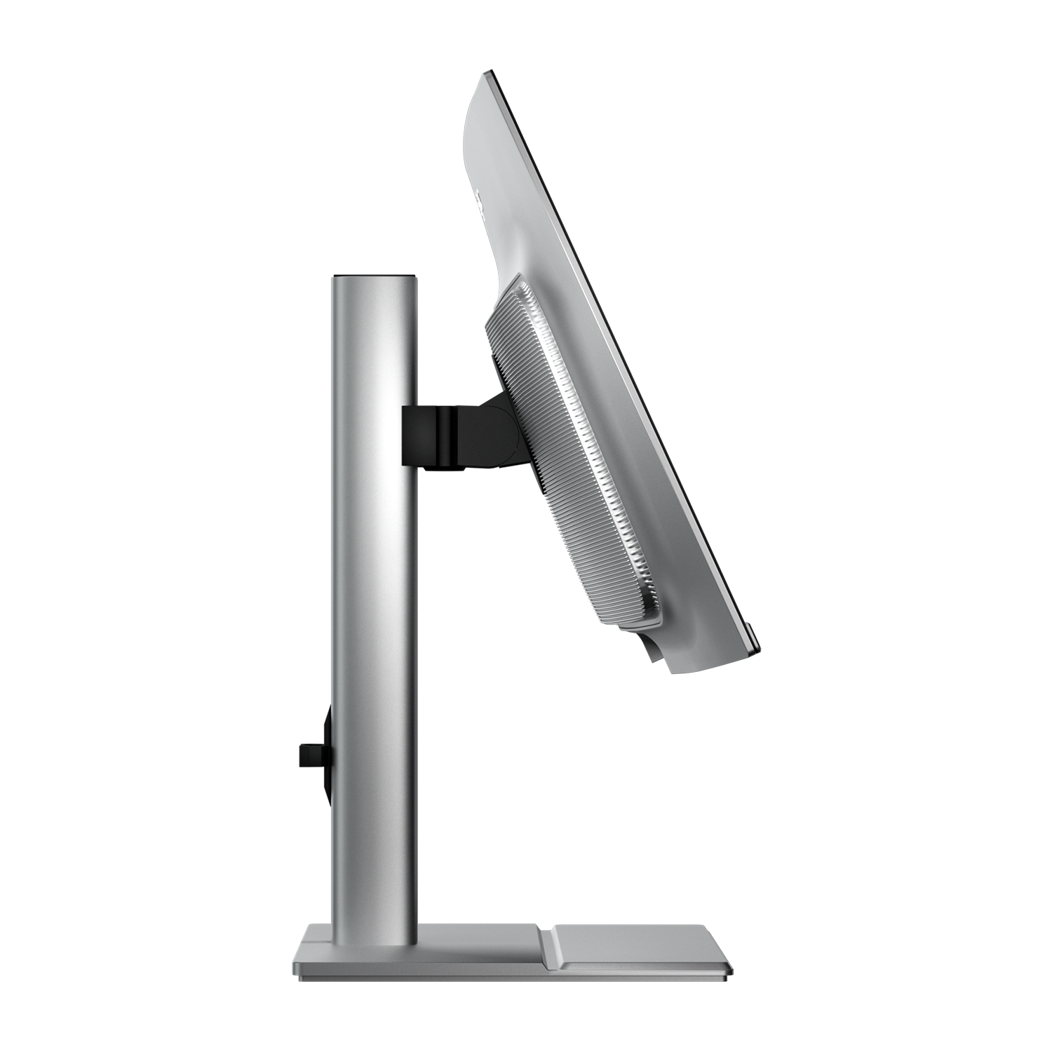 Gümüş bir bilgisayar monitörünün yan görünümü. Metal bir standı var. Ekran eğik. Arka plan siyah.