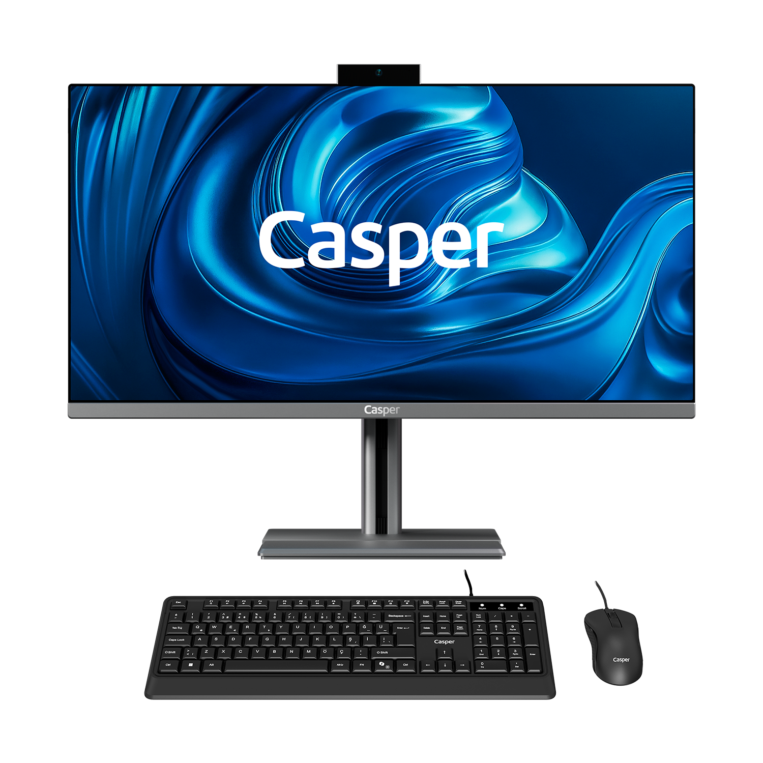 Bir Casper monitör, klavye ve fare. Monitörde mavi bir girdap görüntüsü var. Klavye ve fare siyah.