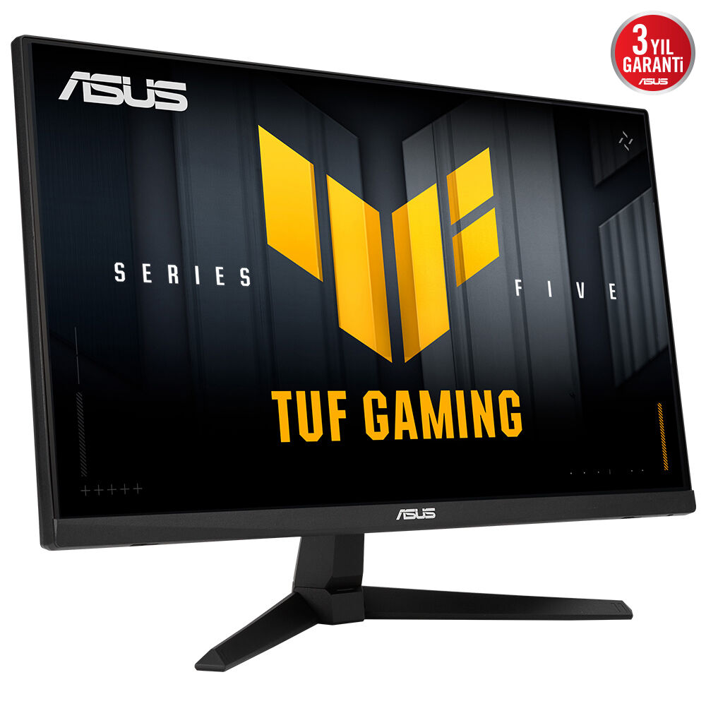 ASUS TUF Gaming monitör. Siyah çerçeve, siyah stand. Ekran, siyah arka planda sarı logo gösteriyor. 3 yıl garanti etiketi.