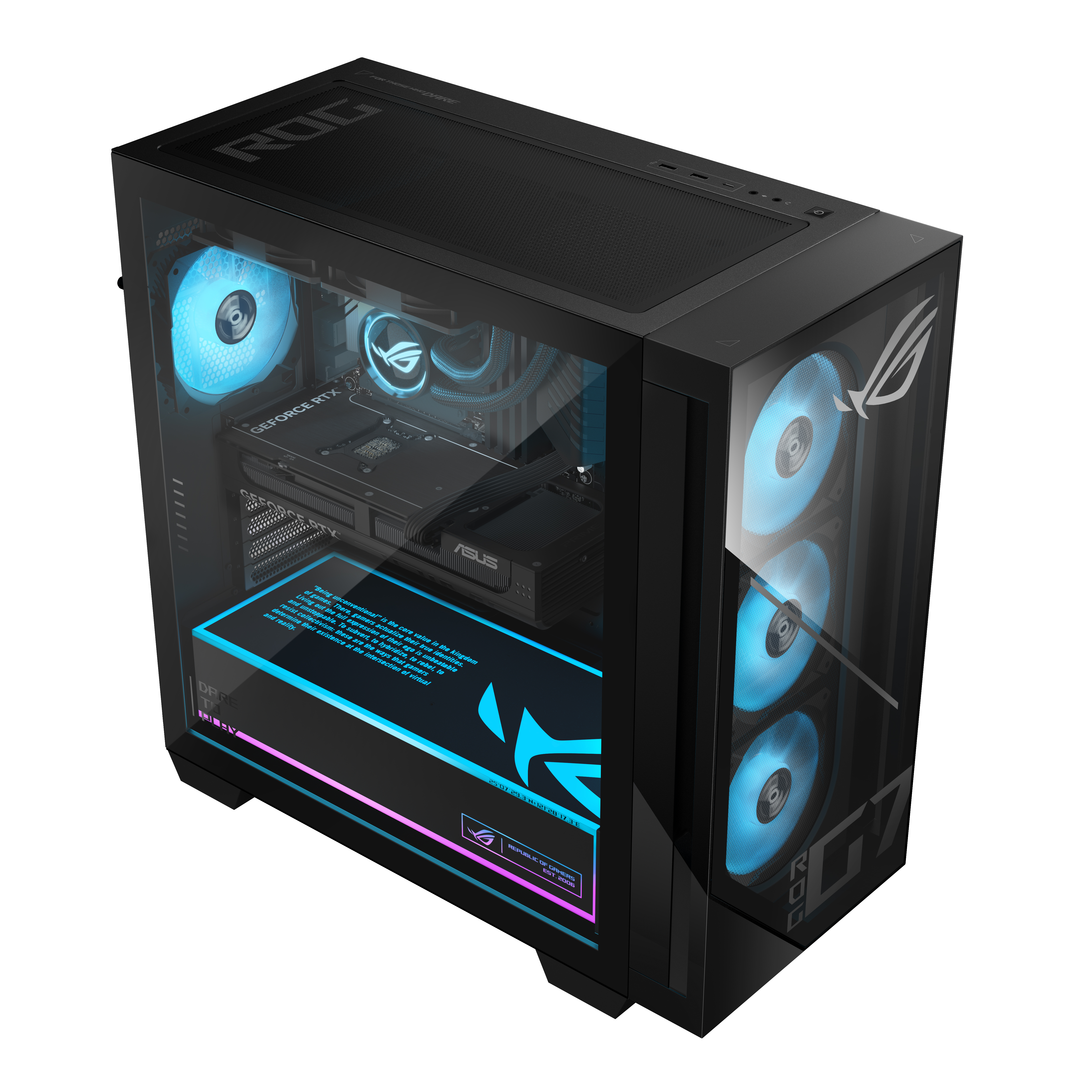 Mavi parlayan fanlar, cam panel ve ROG logosu ile siyah bilgisayar kasası. İçeride bir grafik kartı görünür.