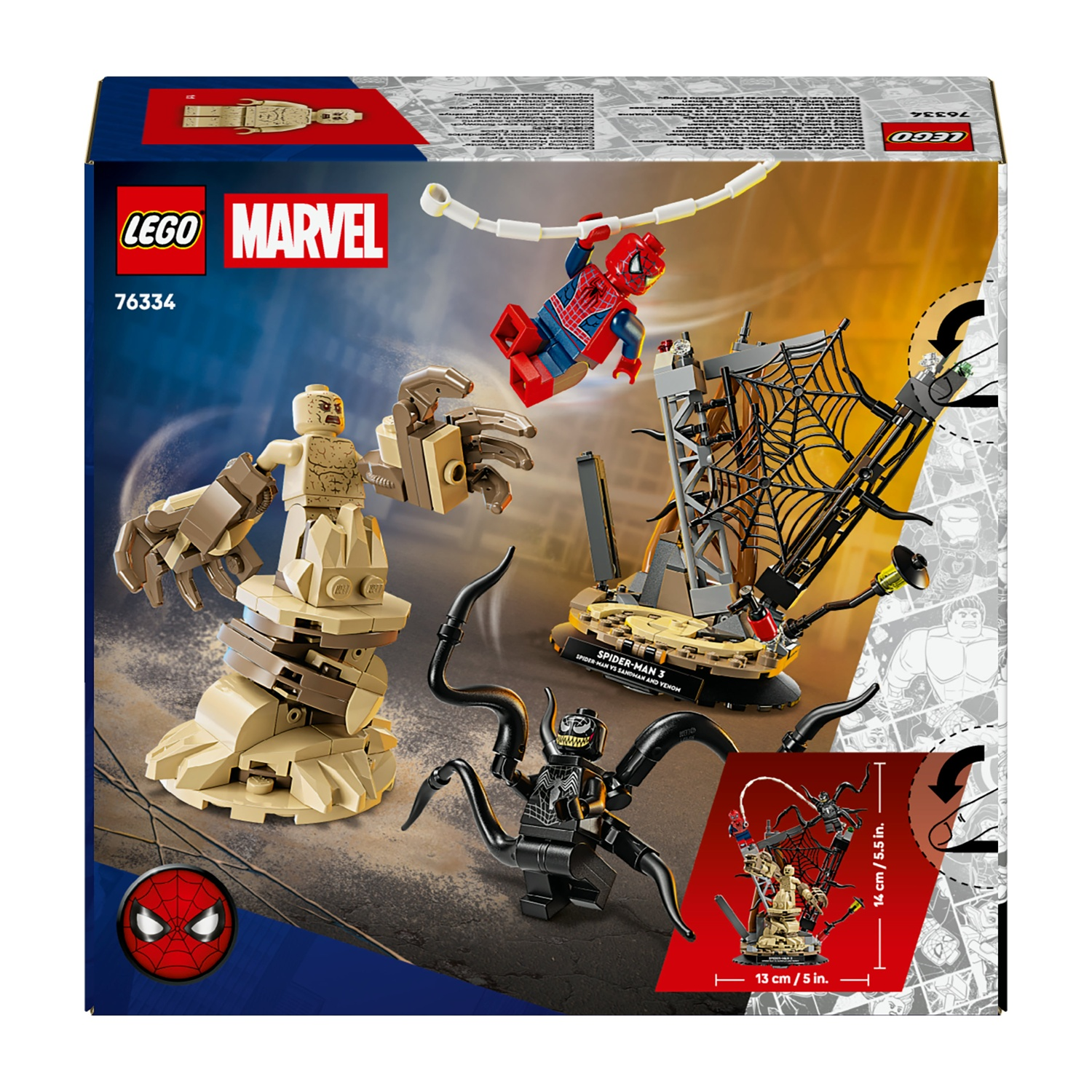 Scatola del set Lego Marvel. Include i personaggi di Spider-Man, Sandman e Venom. Lo sfondo è un design a fumetti.