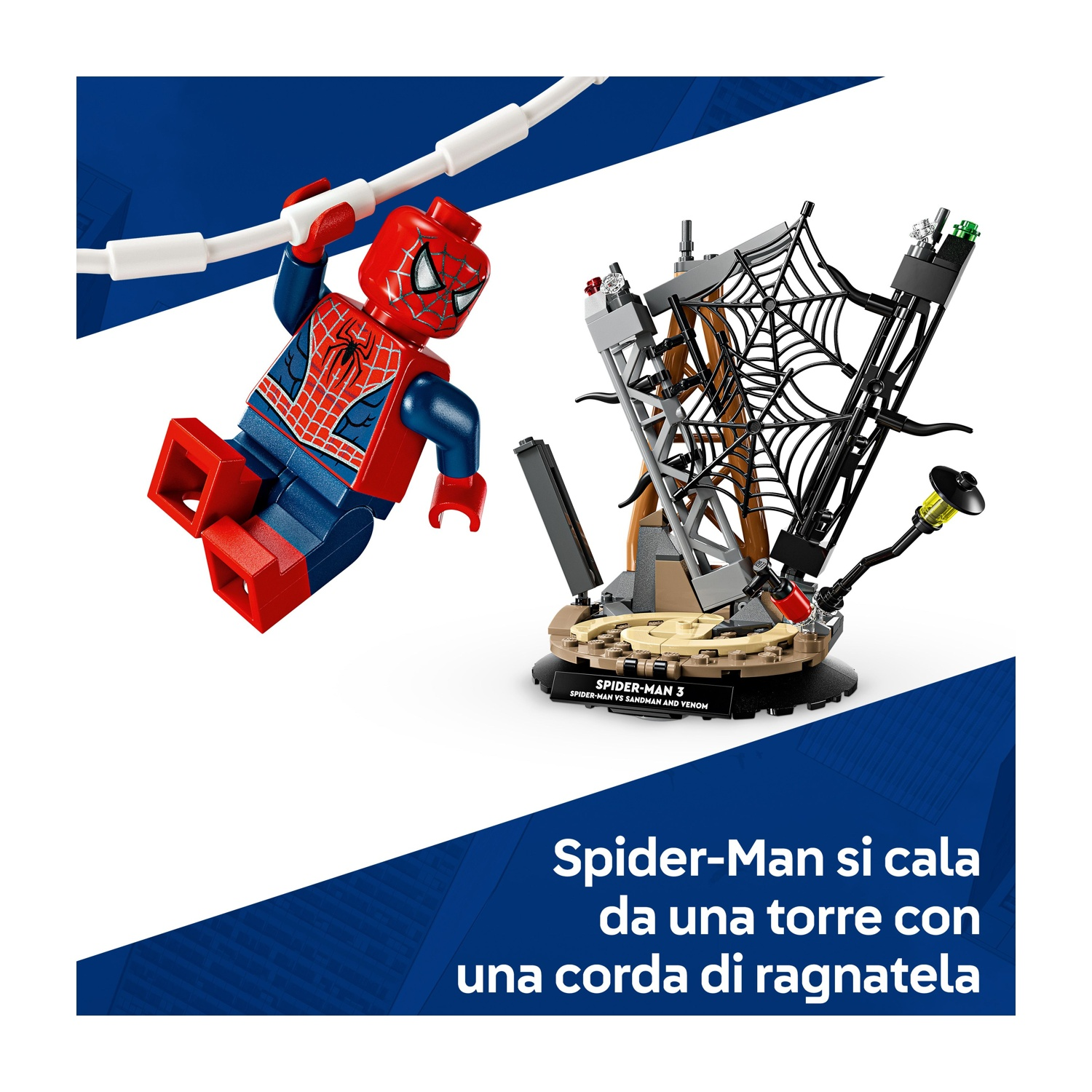 La figura Lego di Spider-Man si dondola da una ragnatela bianca. Una torre e una ragnatela sono sullo sfondo. È un set Lego.