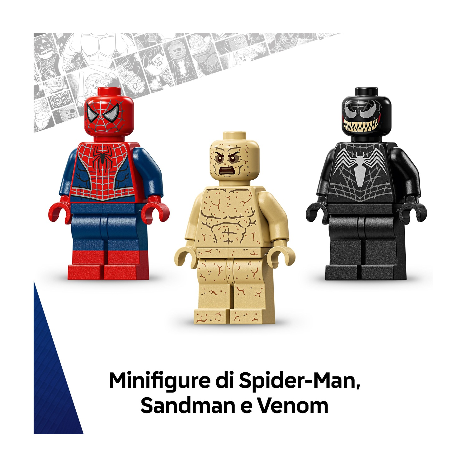 Tre minifigure Lego: Spider-Man, Sandman e Venom. Spider-Man è rosso e blu. Sandman è beige. Venom è nero e bianco.