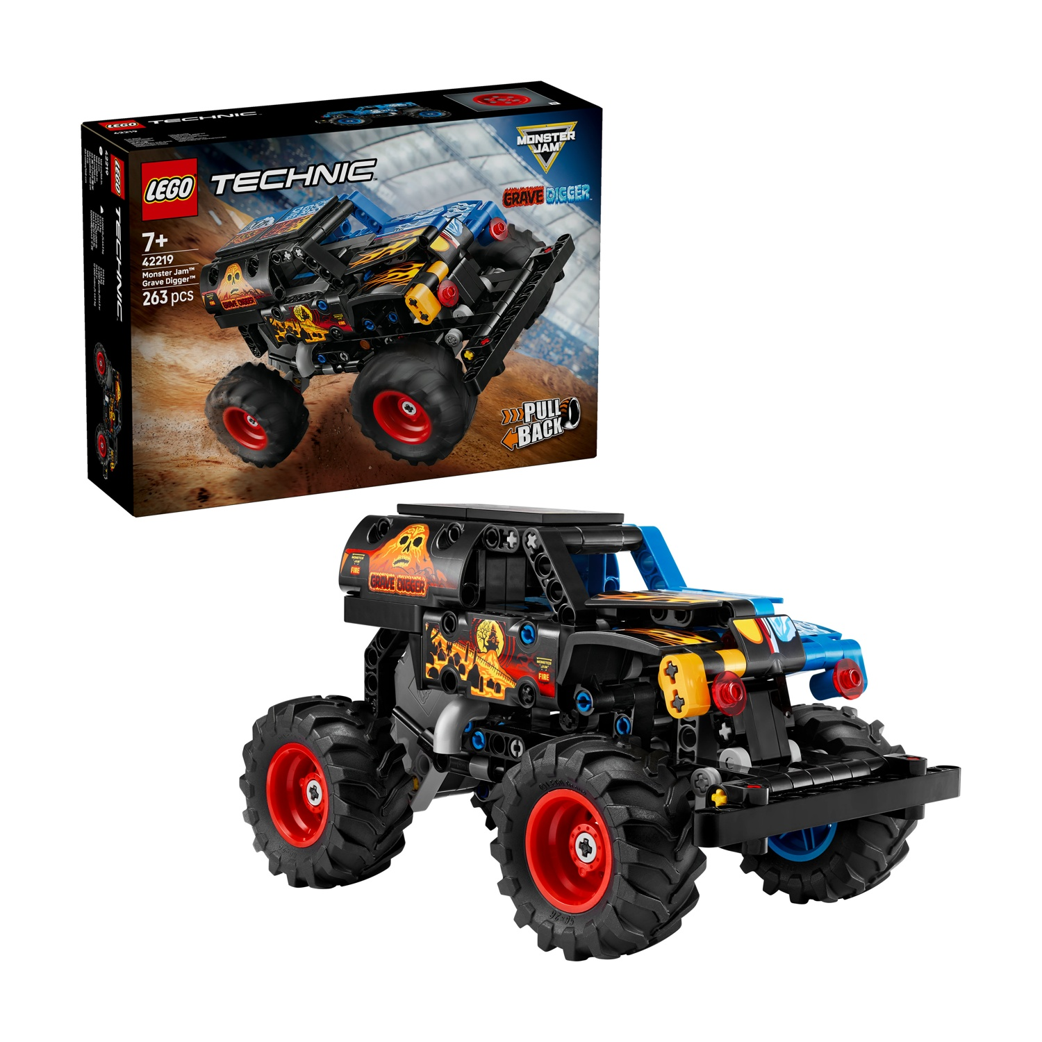 Un monster truck Grave Digger Lego Technic. La scatola è sullo sfondo. Il camion è nero con ruote rosse e accenti gialli.