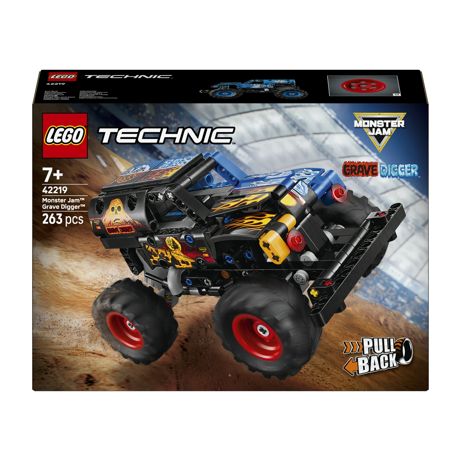 Monster truck Lego Technic Grave Digger. Nero e blu con fiamme, pneumatici grandi, cerchi rossi. La scatola mostra il camion su una superficie marrone.