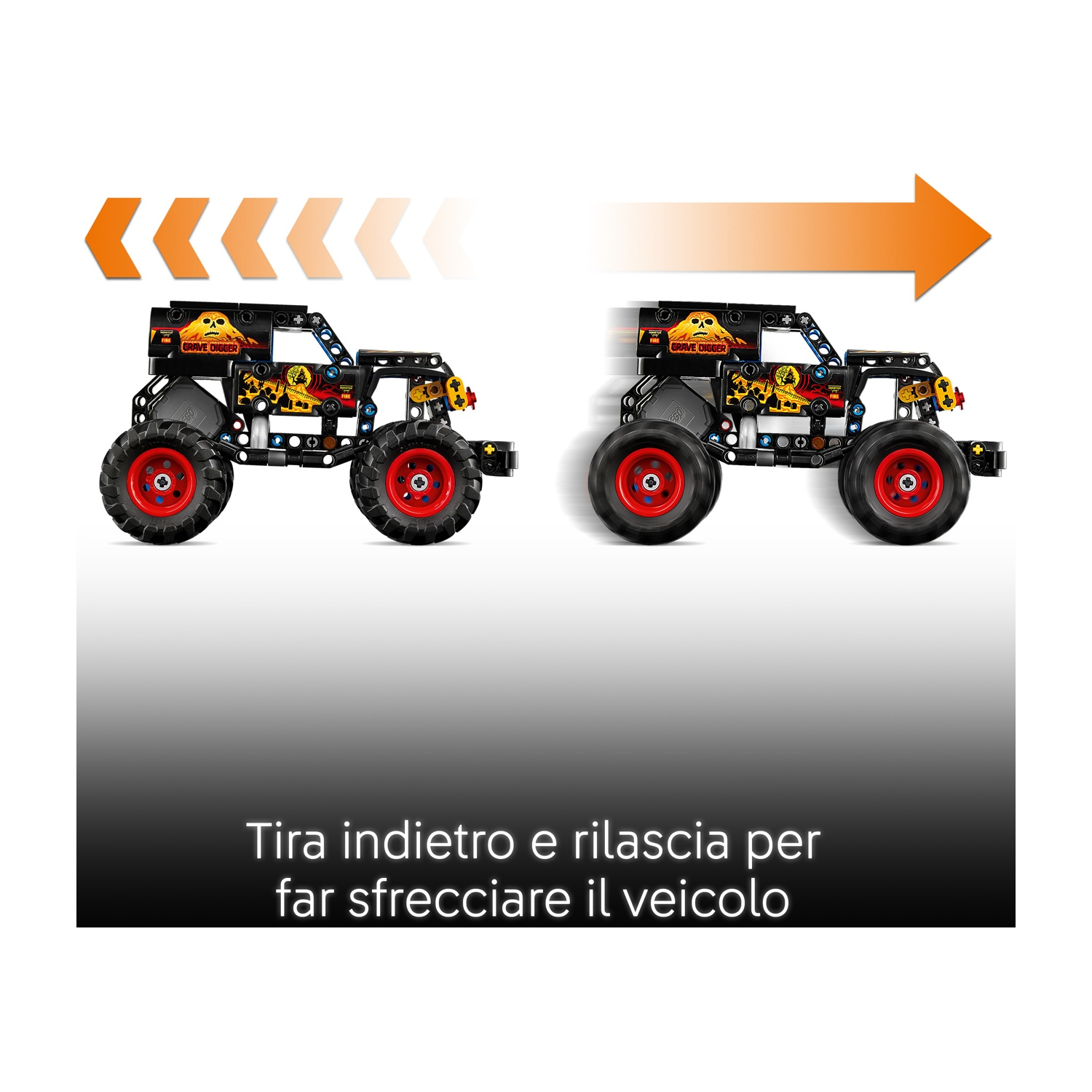 Due monster truck neri con ruote rosse. Freccia arancione mostra il movimento. Testo sotto: Tira indietro e rilascia per far zoomare il veicolo.