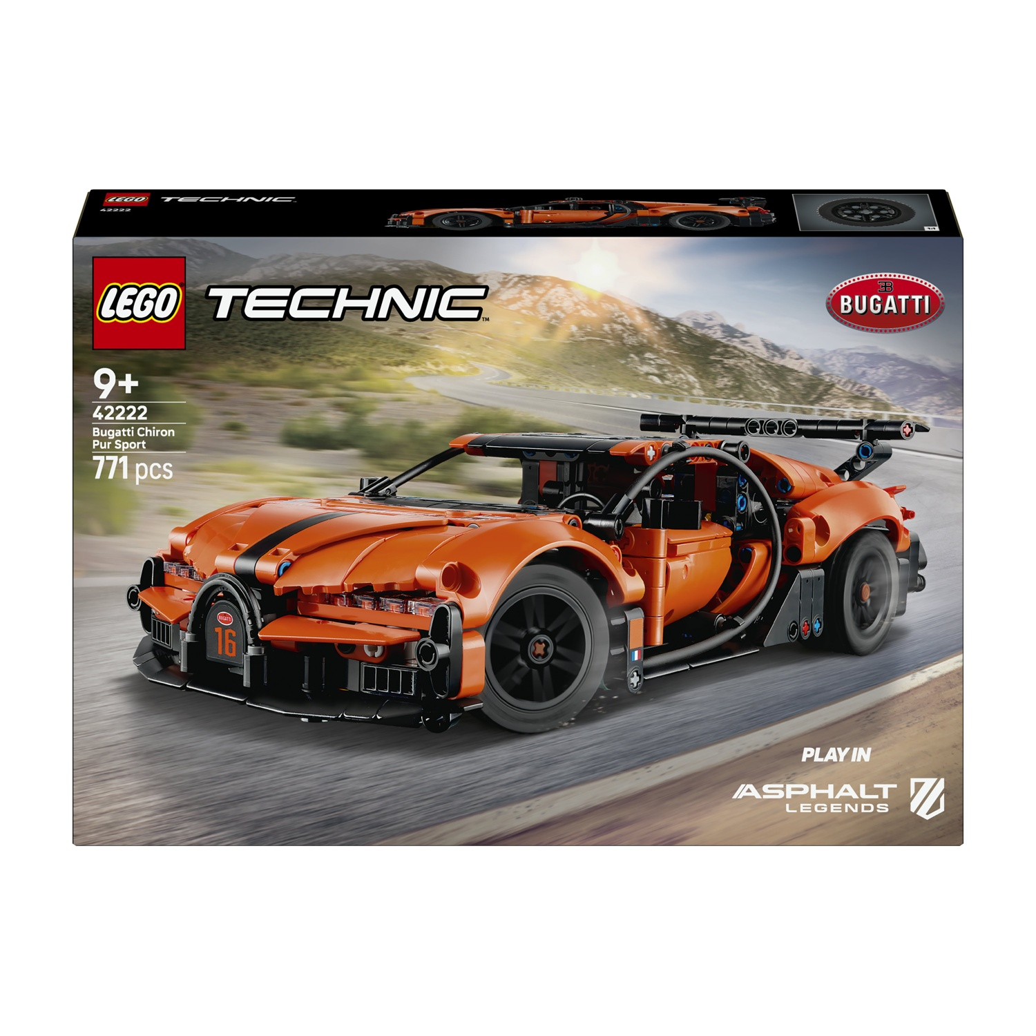 Un modello arancione Lego Technic Bugatti Chiron Pur Sport su una scatola. La scatola ha il logo Lego Technic e l'auto è su una pista.