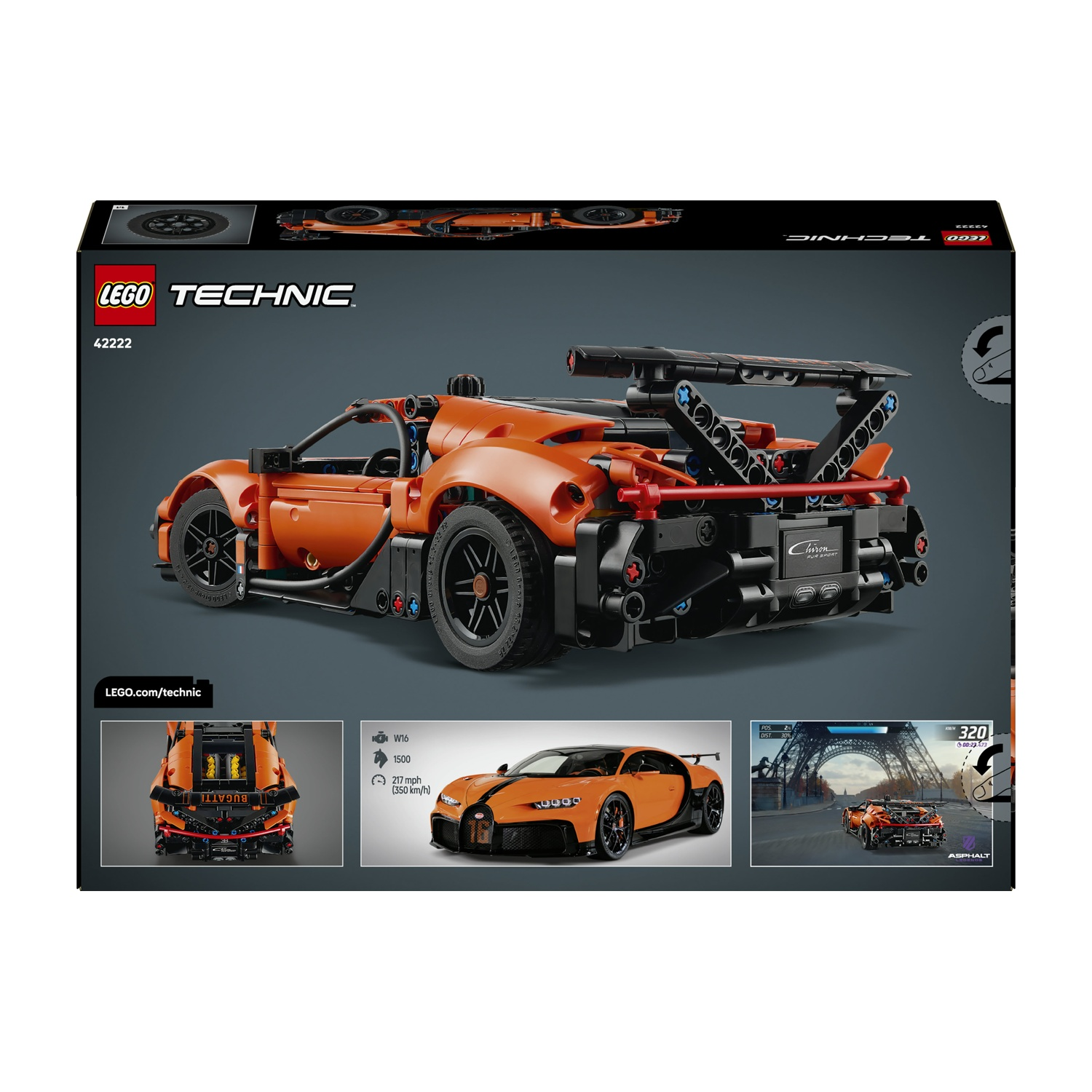 Un modello arancione Lego Technic Bugatti Chiron. Include alettone posteriore, ruote nere e scritta 'Chiron'. Mostrato su sfondo grigio.
