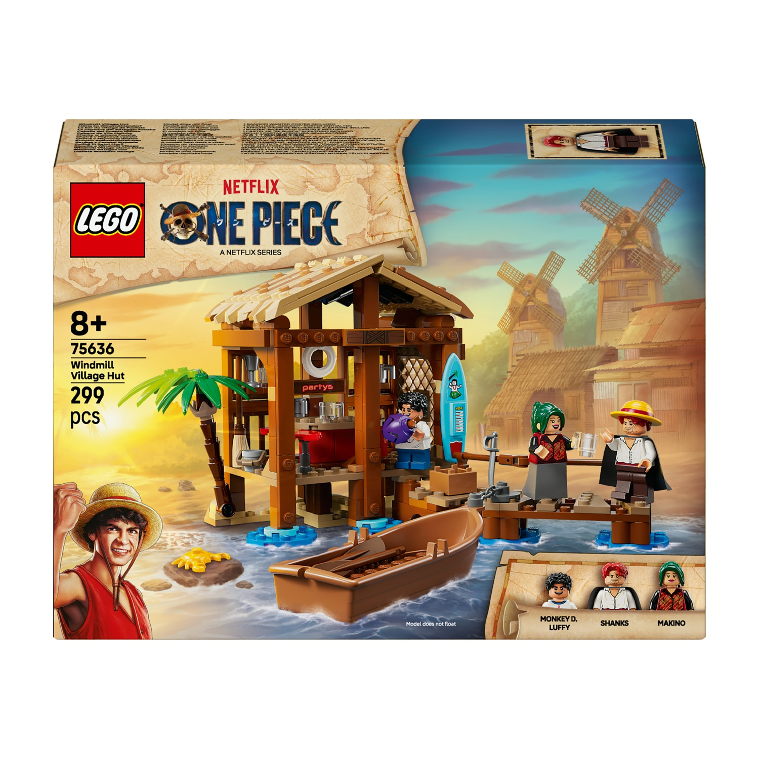 Set Lego che raffigura una scena di One Piece. Include una capanna, personaggi, una barca e mulini a vento sullo sfondo. La scatola dice Netflix e Lego.
