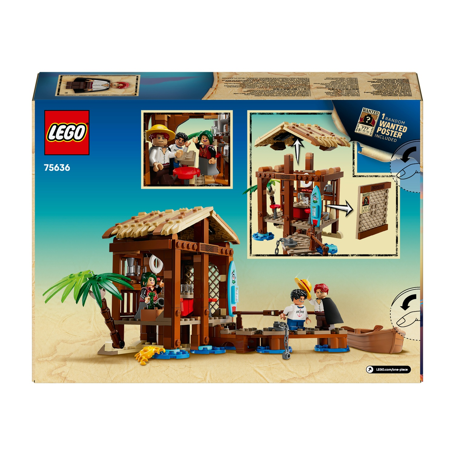 Scatola del set Lego. Presenta una capanna Lego marrone, una palma e personaggi Lego. Include una barca, una tavola da surf e un poster ricercato.