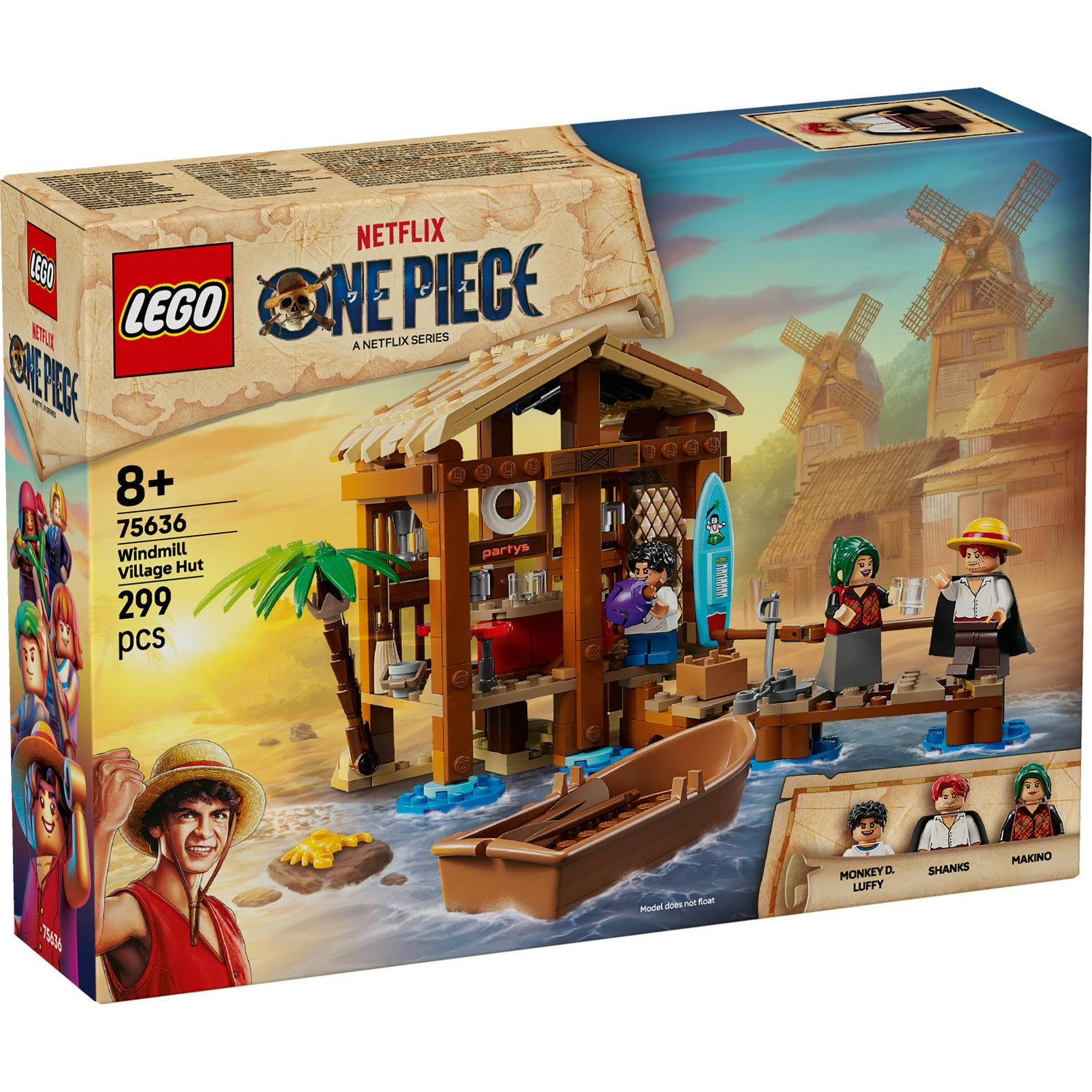 Set Lego One Piece. Mostra una capanna del villaggio con mulini a vento con personaggi, una barca, una palma e mulini a vento sullo sfondo.