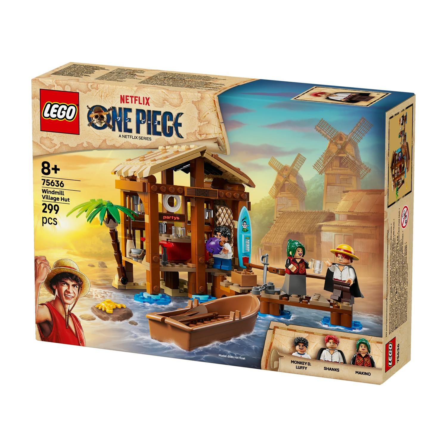 Scatola del set Lego. Presenta una capanna del villaggio con mulini a vento, personaggi e una barca. Include le minifigure Lego di Luffy, Shanks e Makino.