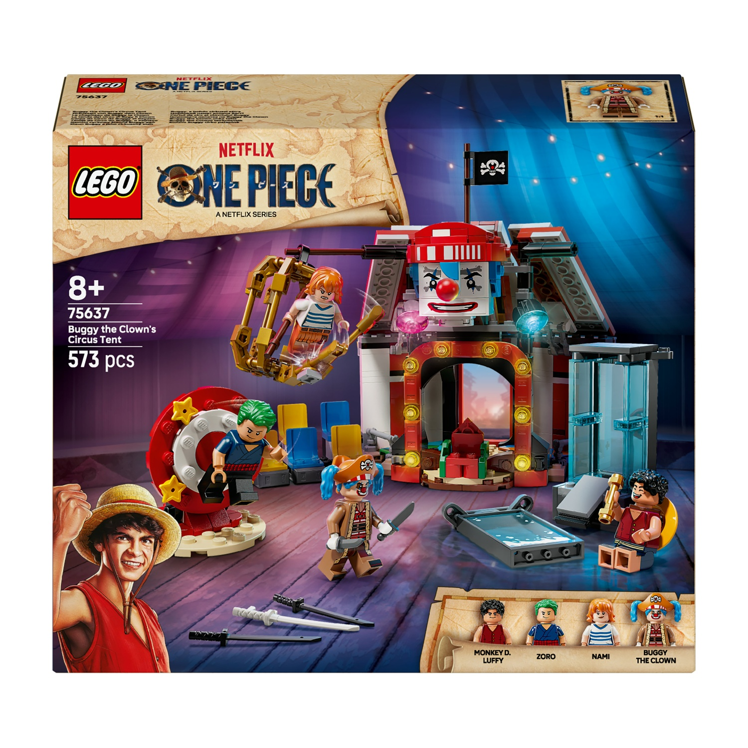 Set Lego di One Piece, il circo di Buggy il Clown. Include le figure di Luffy, Zoro, Nami e Buggy. Una scatola con il logo Lego.