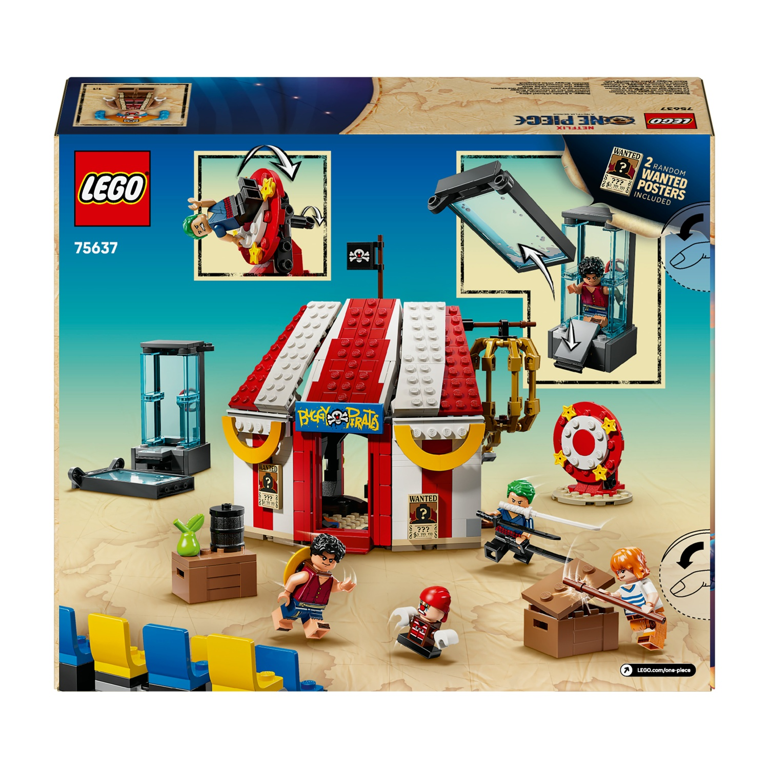 Scatola del set Lego One Piece. Presenta personaggi Lego, un tendone da circo ed elementi di navi pirata. Colori vivaci e scena ricca di azione.