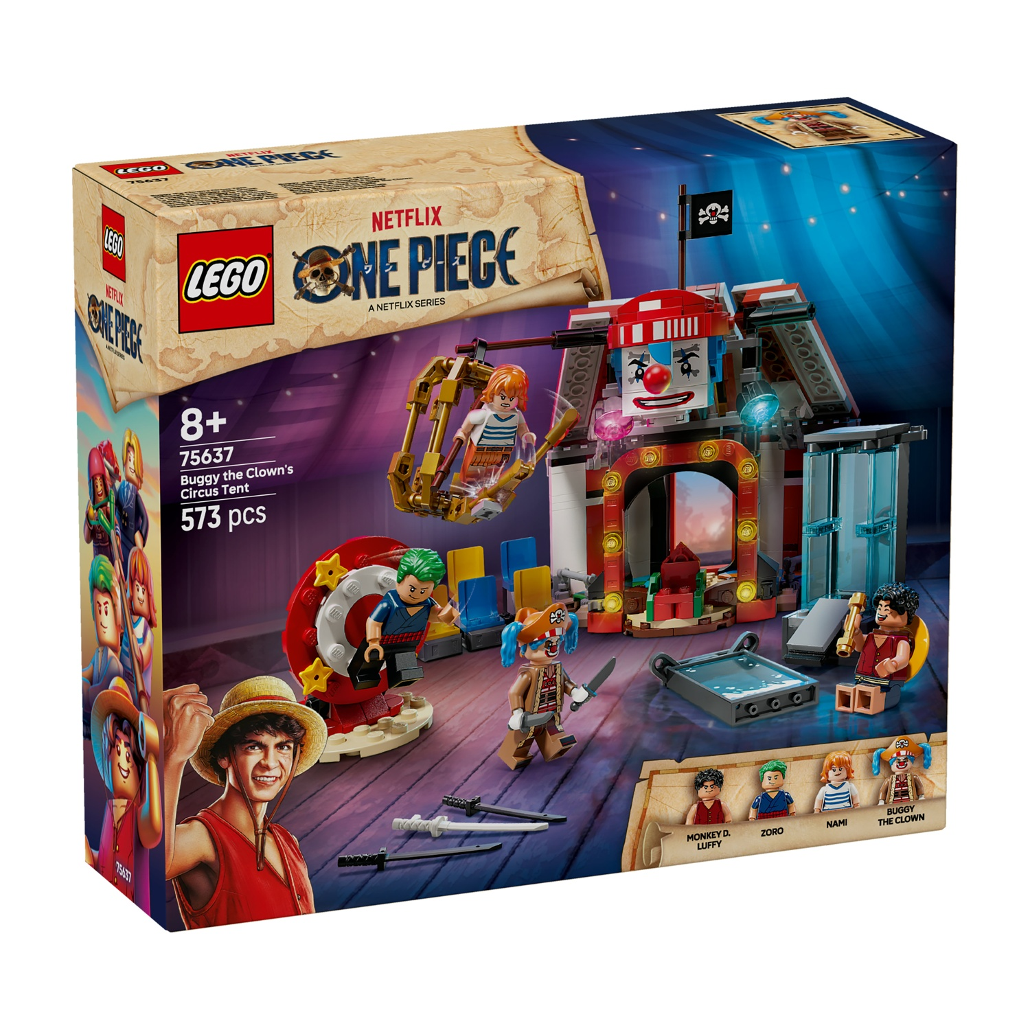Scatola del set Lego. Presenta personaggi Lego e un tendone da circo, ispirato alla serie Netflix One Piece. Contiene personaggi e accessori.