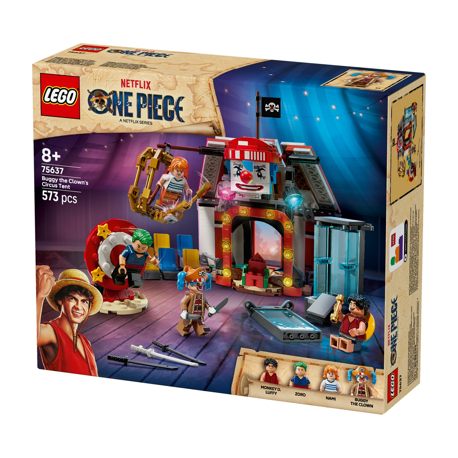 Scatola del set Lego. Presenta un tendone da circo, una bandiera dei pirati e minifigure di vari personaggi di One Piece. La scatola dice Netflix.