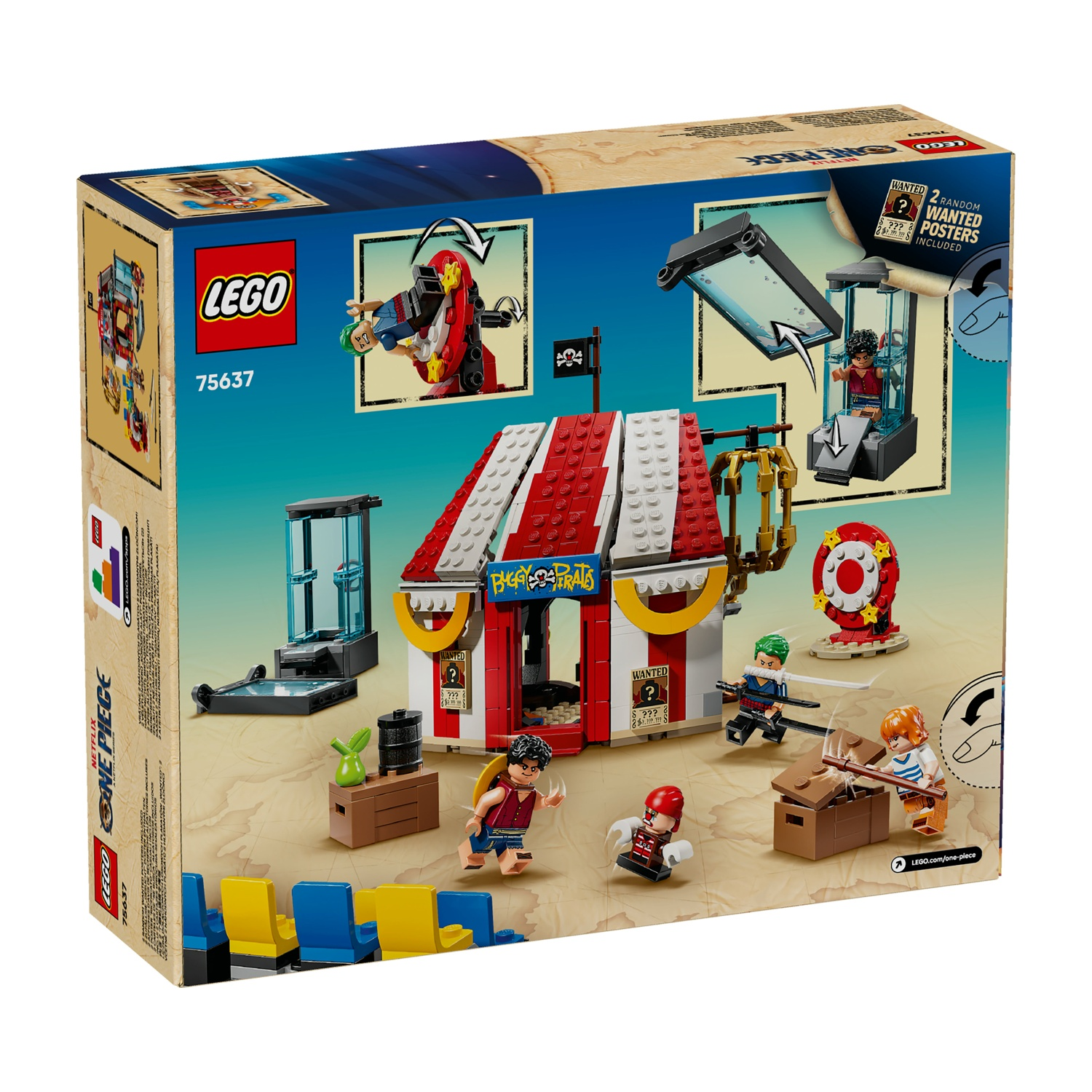 Scatola del set Lego One Piece. Include minifig, tenda a strisce rosse e bianche, un manifesto e una bandiera pirata.