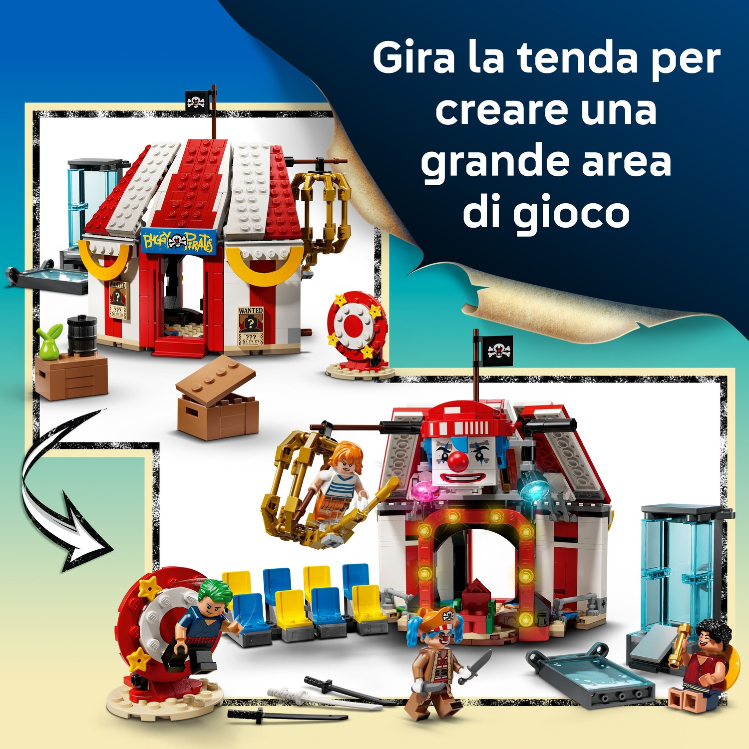 Set Lego circo con due tende, minifigure, ruota panoramica e vari oggetti di scena. Include un tema pirata con manifesti.