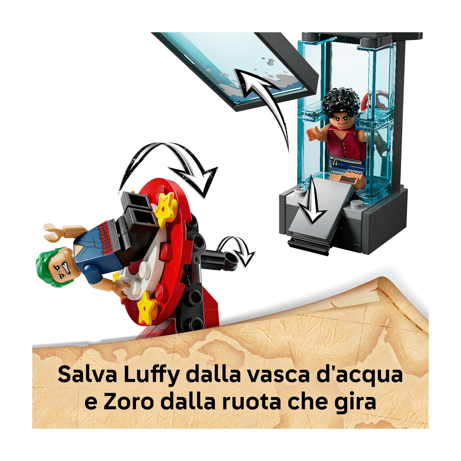 Il set Lego mostra Luffy in una vasca d'acqua e Zoro su una ruota. Frecce indicano l'azione. È presente uno sfondo a forma di mappa.