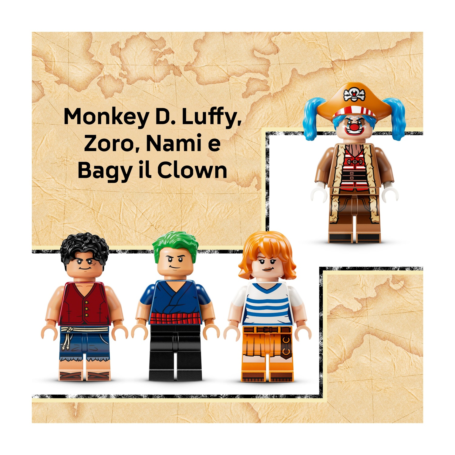 Personaggi Lego: Luffy, Zoro, Nami e Baggy il Clown, su sfondo mappa. Ogni personaggio ha capelli, vestiti ed espressioni distintive.