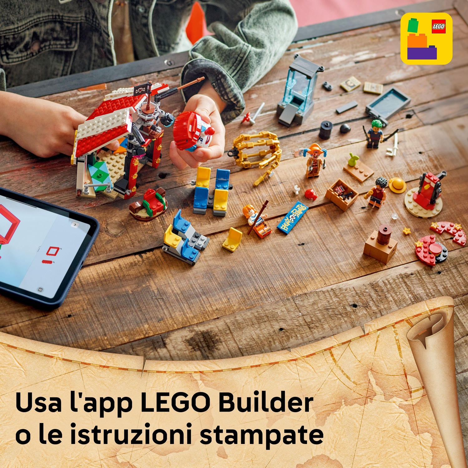 Un bambino costruisce set LEGO su un tavolo di legno. Pezzi e minifigure LEGO sparsi. Un tablet mostra le istruzioni.