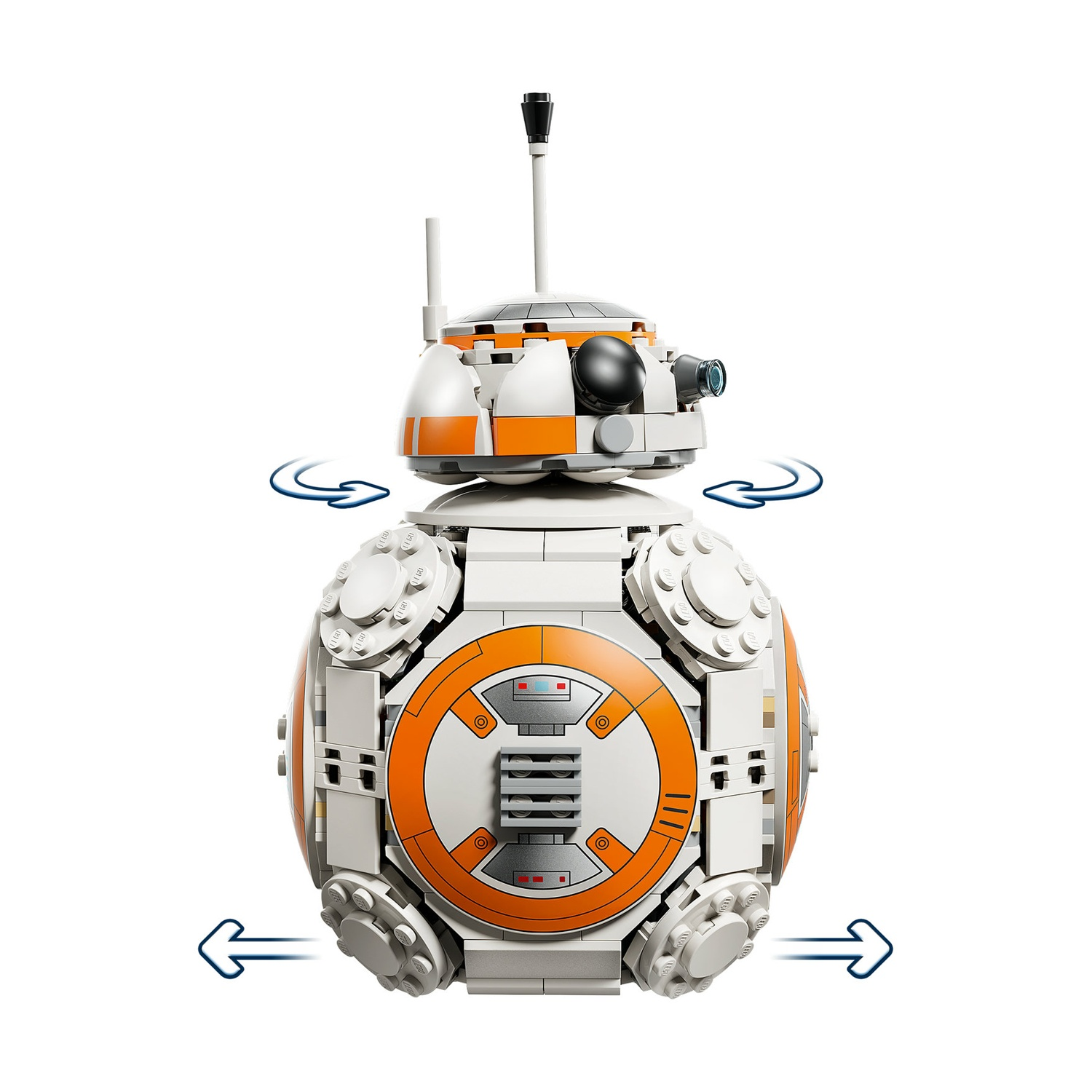 Un droide BB-8 Lego, bianco e arancione. Ha un corpo rotondo con un design a cerchio arancione e una testa con antenna e dettagli neri.